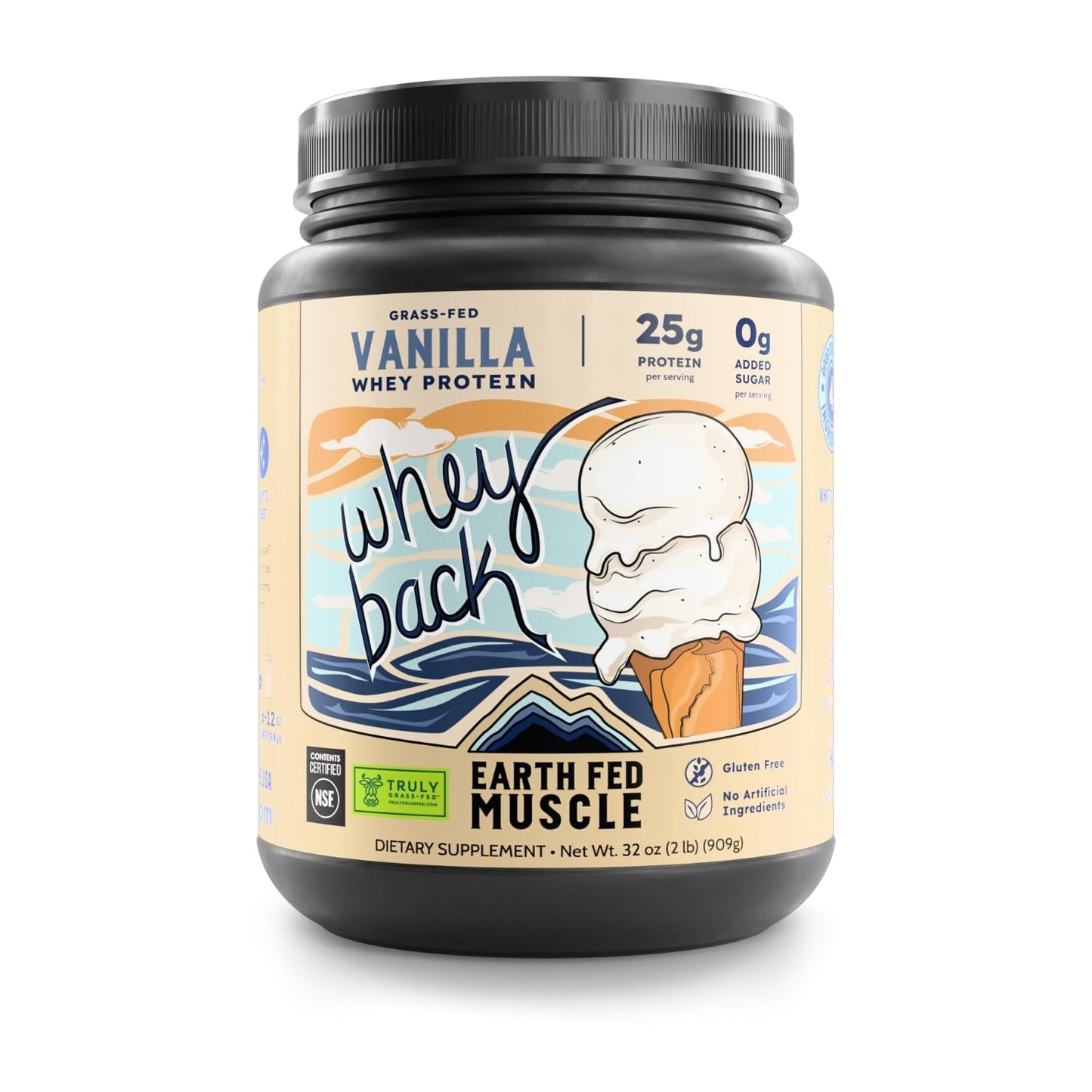Earth Fed Muscle Whey Back Irish Grass Fed Whey Protein Isolate - NSF-Certified. No Artificial Ingredients, Soy Free, Gluten Free, Non-GMO and Hormone Free (2 Pound, 29 Servings, Vanilla) - Medaid International
