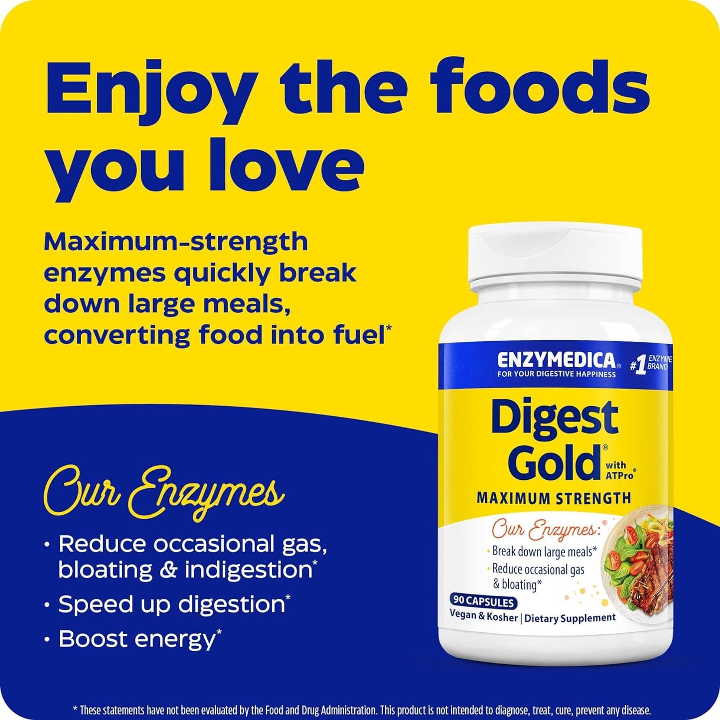 Enzymedica Digest Gold + ATPro, Maximum Strength Digestive Enzymes, Helps Digest Large Meals for Instant Bloating Relief, 90 Count - Medaid International