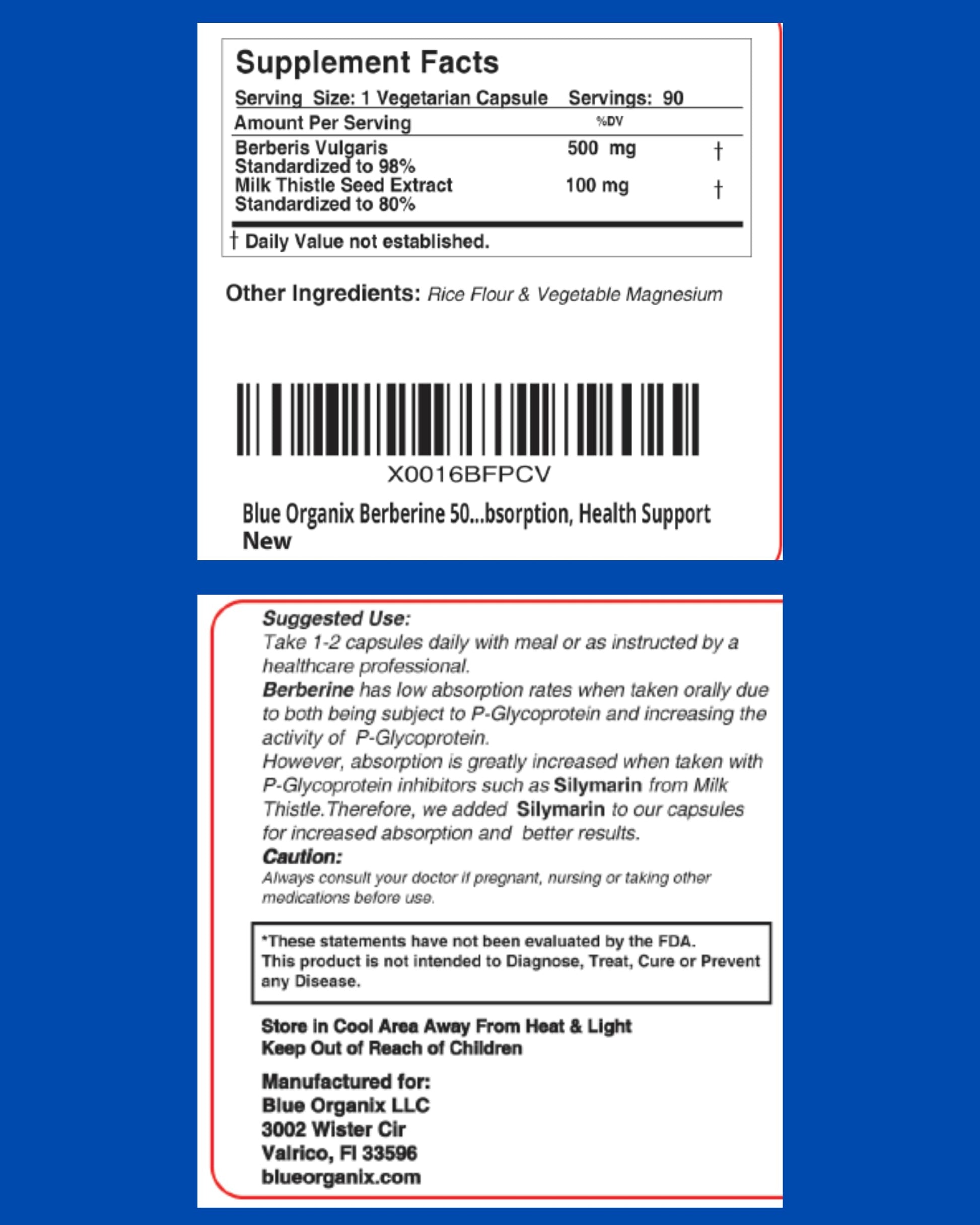 Blue Organix Berberine with Milk Thistle 500mg Formula HCL Complex Supplement with Silymarin for Better Absorption, 90 Vegetarian Capsules, 1 Bottle, Overall Health Support - Medaid International
