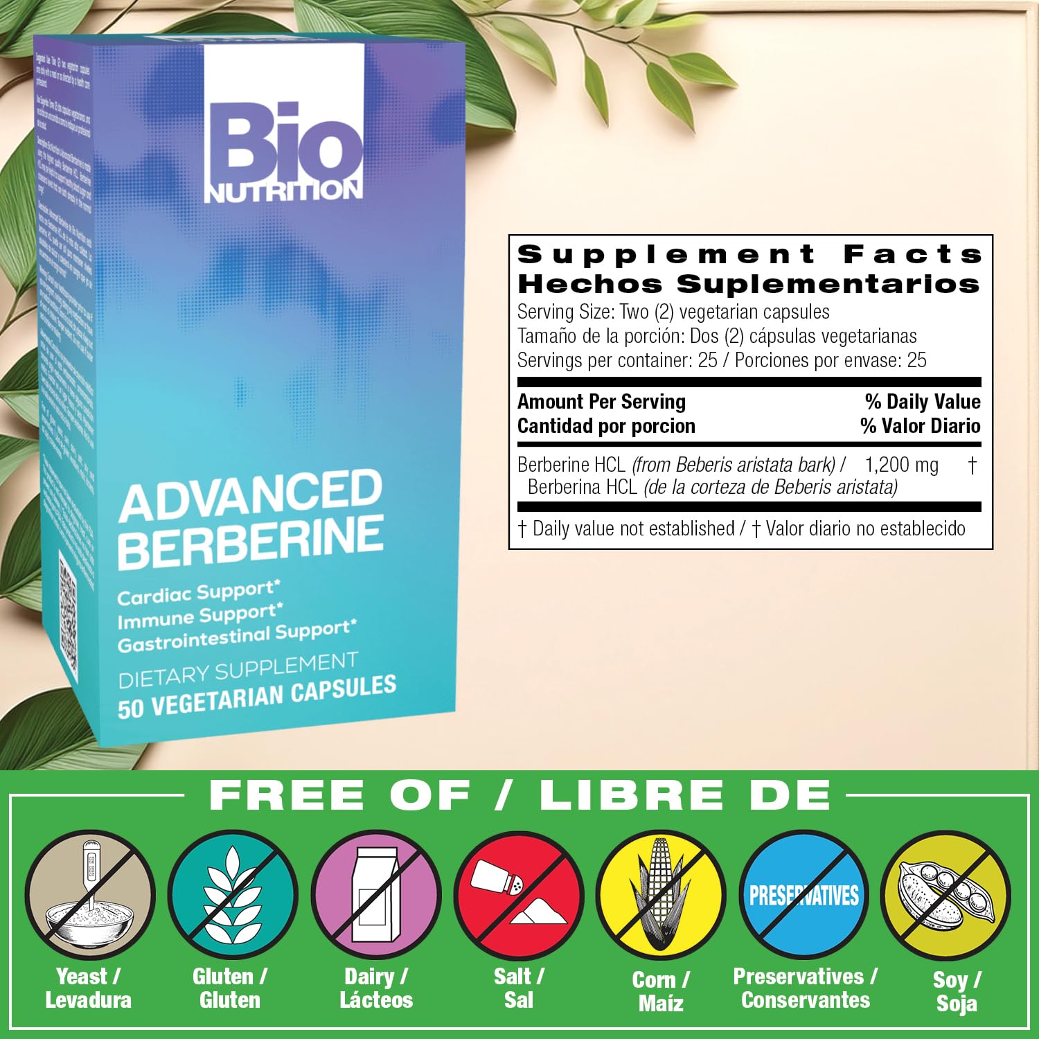 Bio Nutrition Advanced Berberine 50 Vegetarian Capsules | 1,200 Milligram Berberine | Immune System | Healthy GI - Medaid International
