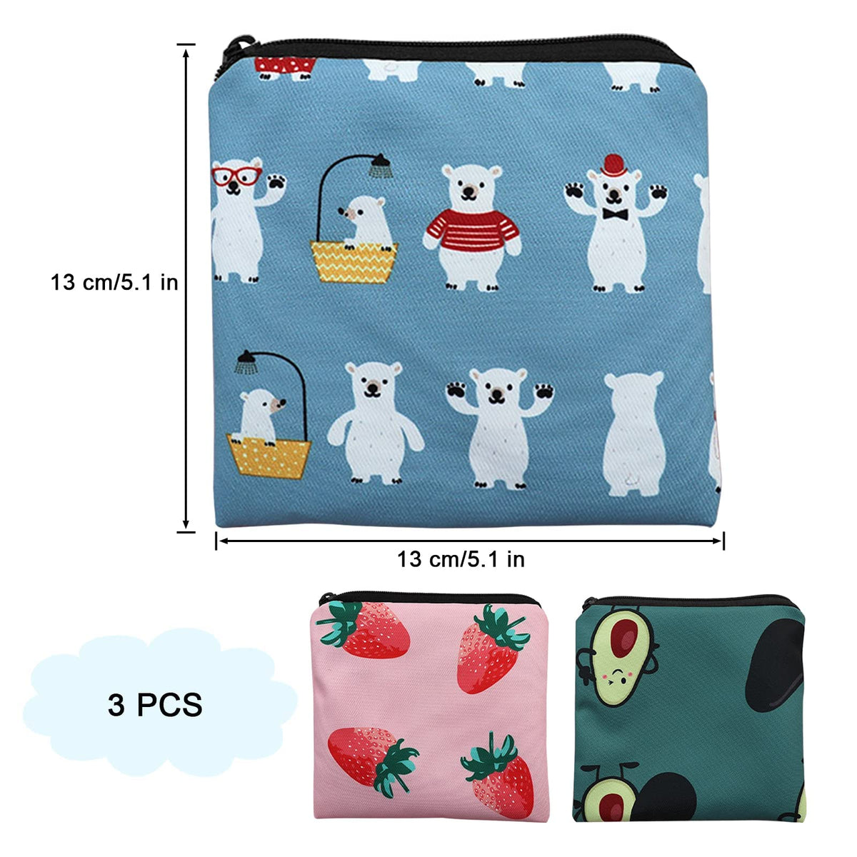TERRIFI Sanitary Napkin Storage Bag, 3 Pack Cartoon Sanitary Napkin Pads Storage Bag with Zipper 5x5 inches First Period Bag for Girls, Women, Ladies