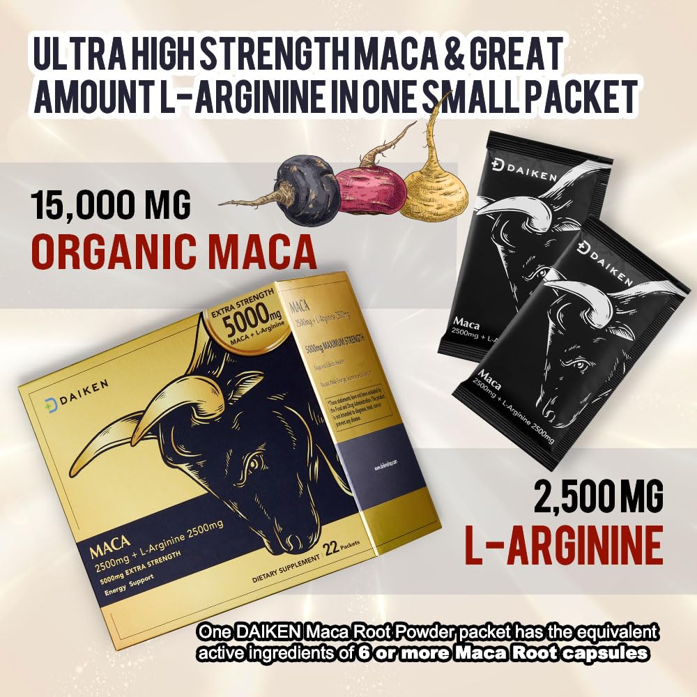 DAIKEN Peruvian Maca Root Powder Extra Strength 15,000 mg, Gelatinized Black, Red, Yellow Maca Blend with L-Arginine (2,500 mg) for Men and Women, Superior Absorption, Vegan, Lab Tested - 22 Packets - Medaid International