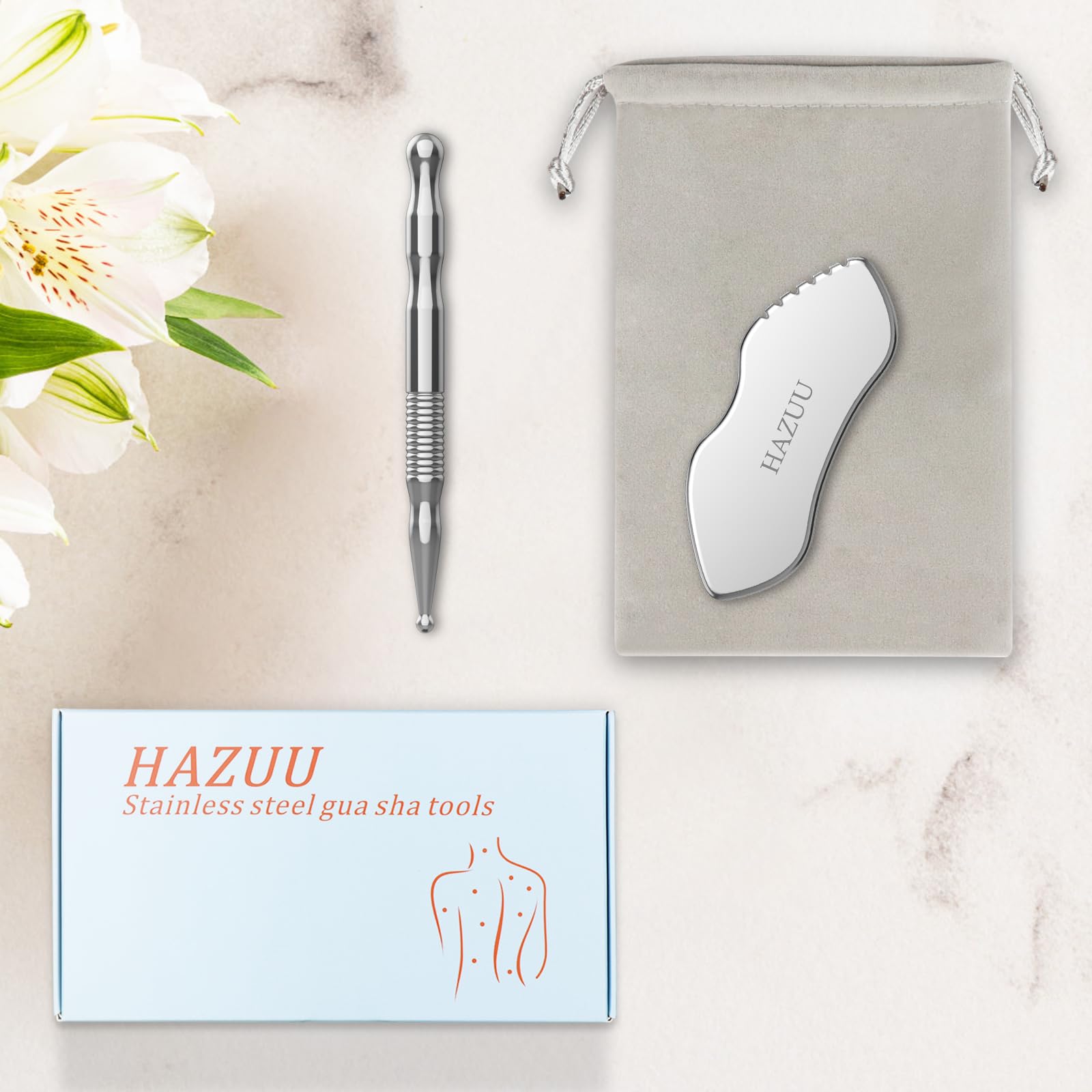 HAZUU Stainless Steel Gua Sha Tool & Acupuncture Pen- Deep Tissue Massage & Pain Relief Therapy with Trigger Point - Full Body Self-Massage Acupressure Bar for Relaxation (JGS-3) - Medaid International
