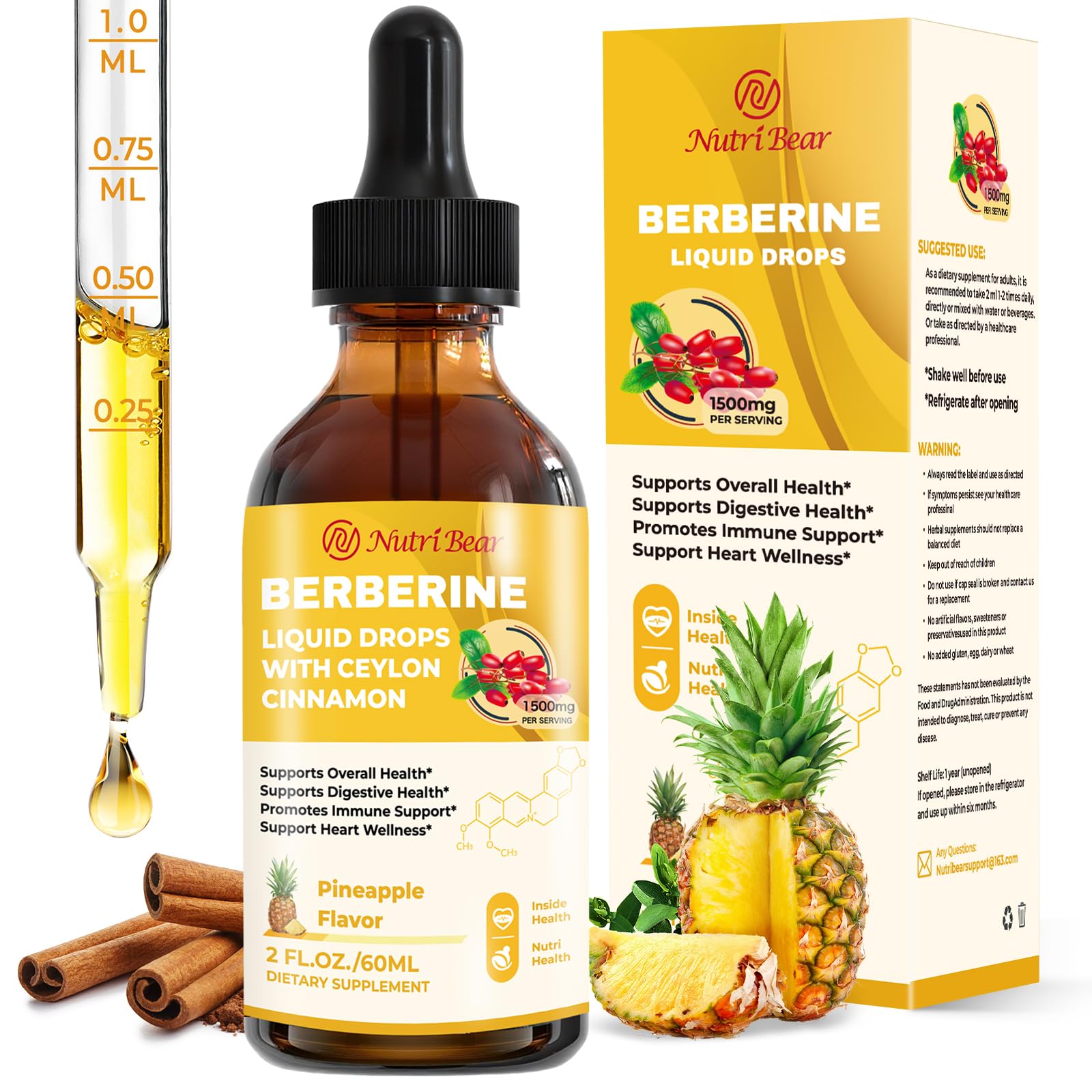 Berberine Supplement with Ceylon Cinnamon, Berberine HCL Liquid Drops with Turmeric, Bitter Melon, Quercetin, 10X Strength AMPK for Digestion System, Immune Health Support -Vegetarian, 2 fl oz - Medaid International
