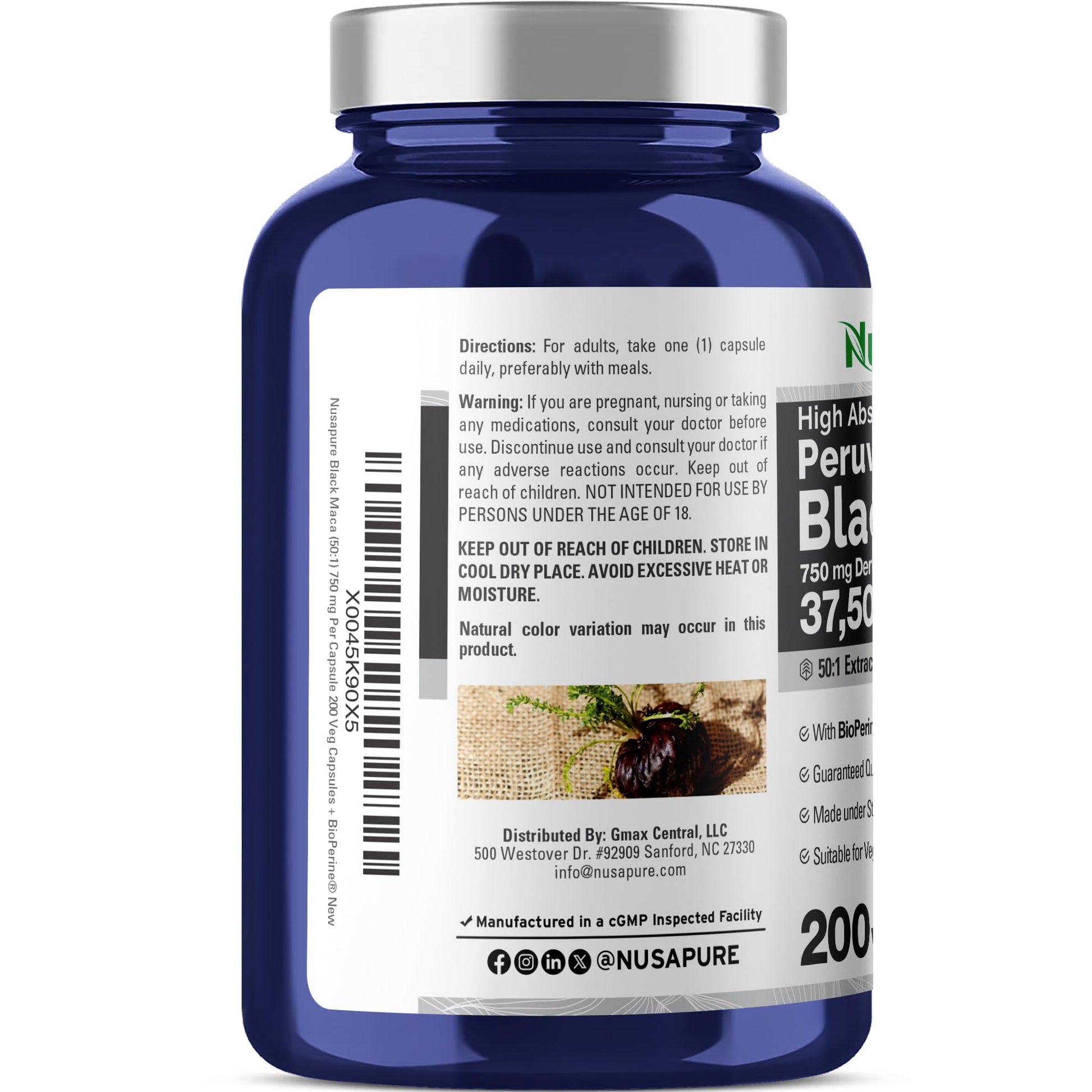 NusaPure Black Maca Root 50:1 Extract, 750 mg Equivalent to 37,500 mg 200 Veggie Per Caps (Vegan, Non-GMO) - Medaid International