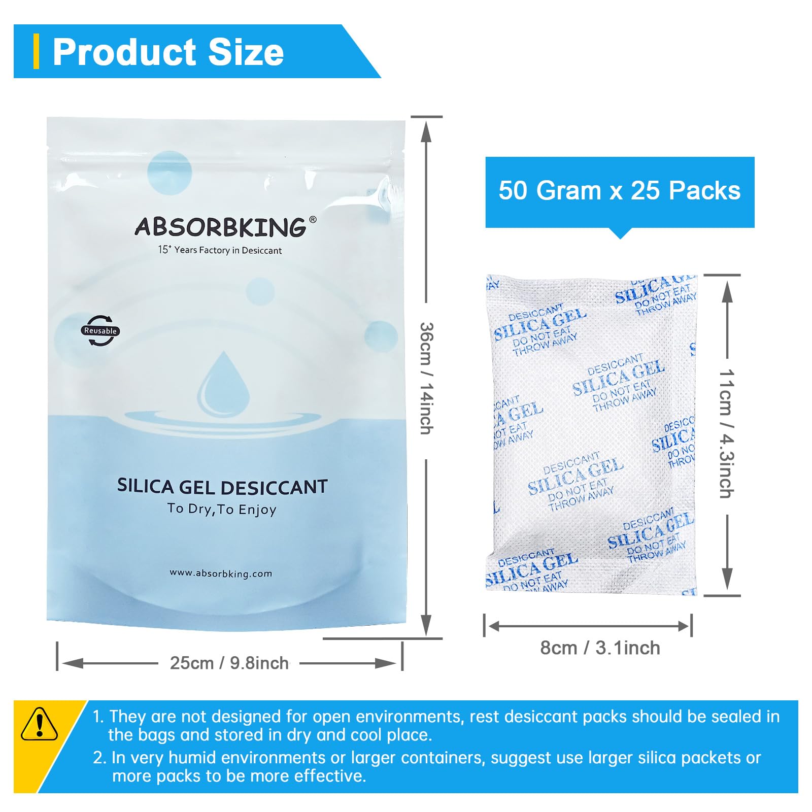 Silica Gel Packets – 50 Gram 25 Packs Moisture Absorbers, Desiccant Packs for Storage, Food Safe Desiccant for Foods, Seeds, 3D Filaments, Electronics, Safes - Medaid International