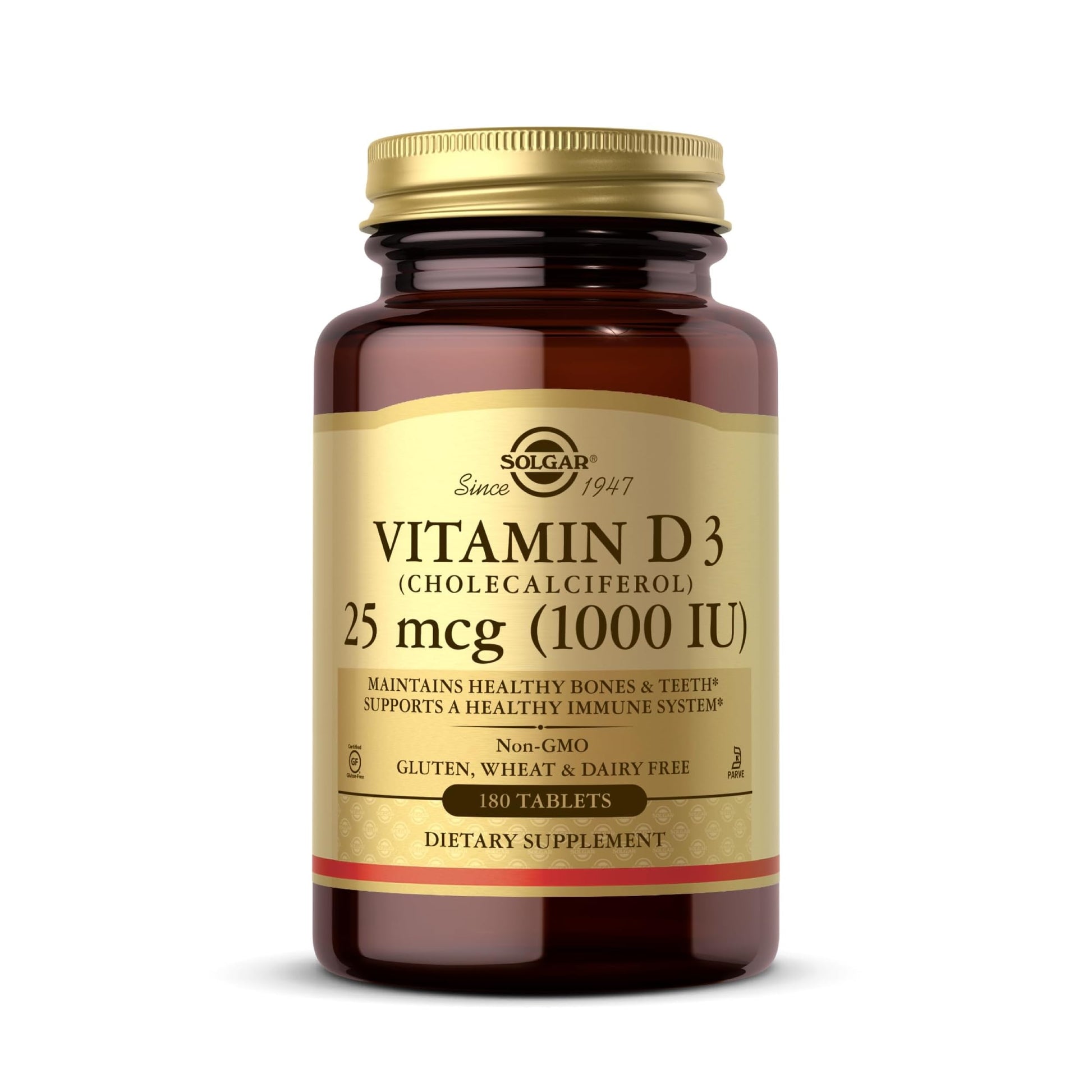 Solgar Vitamin D3 (Cholecalciferol) 25 mcg (1000 IU) – 180 Tablets - Helps Maintain Healthy Bones & Teeth - Immune System Support - Non-GMO, Gluten Free, Dairy Free, Kosher - 180 Servings - Medaid International
