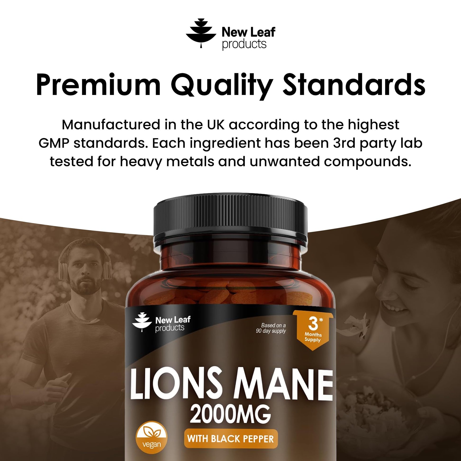 New Leaf Products Lions Mane Mushroom Extract Supplement 2000mg - 180 High Strength Vegan Tablets with Black Pepper - (Not Powder or Capsules) Made in The UK - Medaid International