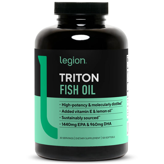 LEGION Triton Fish Oil Capsules - Triple Strength Omega 3 Essential Fatty Acids with Vitamin E & Lemon Oil for Maximum Absorption, Freshness & Purity - 2400mg EPA & DHA Per Serving, 30 Svgs - Medaid International