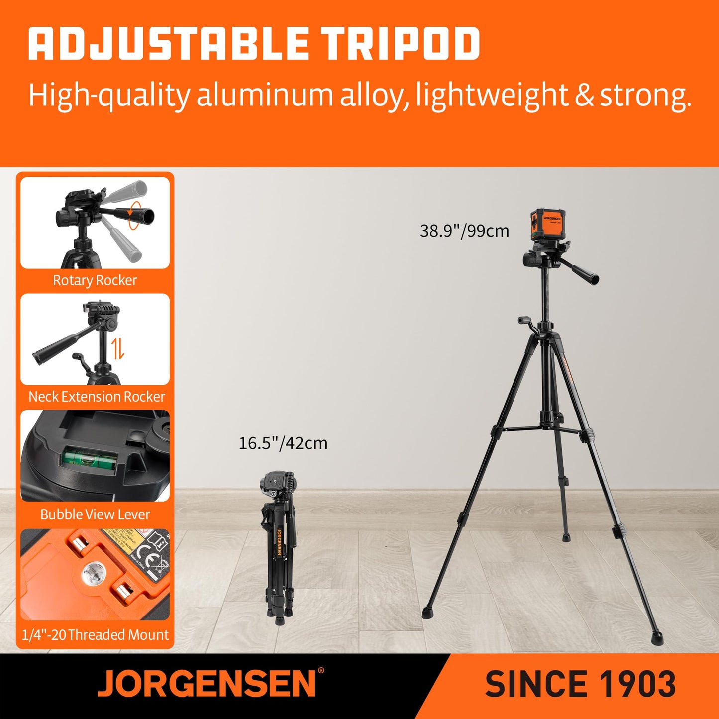 JORGENSEN Laser Level with Tripod, 65 FT Self Leveling Cross Line Laser Leveler Tool with 360° Magnetic Base, Green Laser Level for Picture Hanging, Home Renovation, Indoor Project - Medaid International