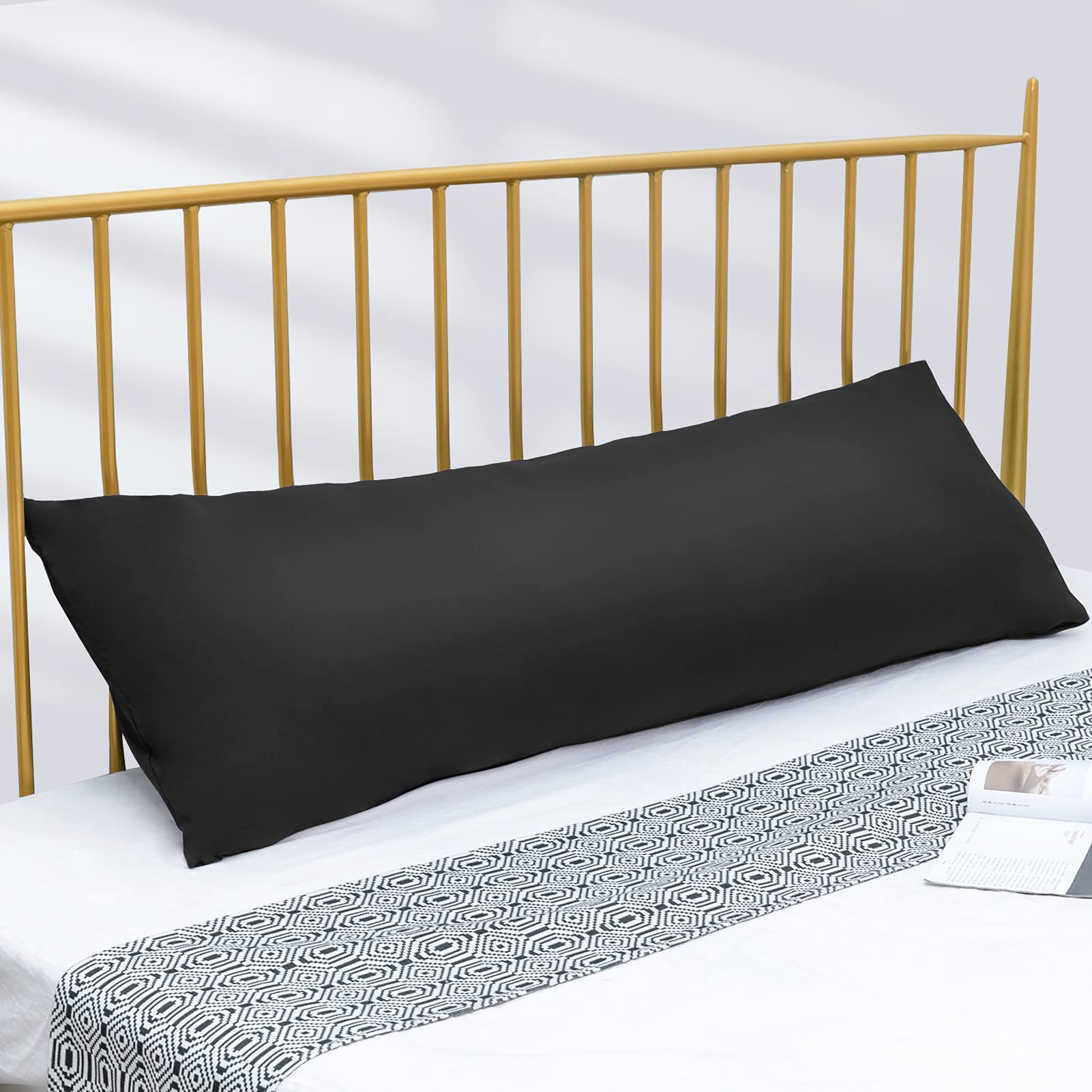 DOWNCOOL Luxury Full Body Pillow Insert with Fiber Cover - Ultra Soft Body Pillow for Sleeping - Breathable Long Bed Pillow Insert, 20"x54"(Black, with Cover) - Medaid International