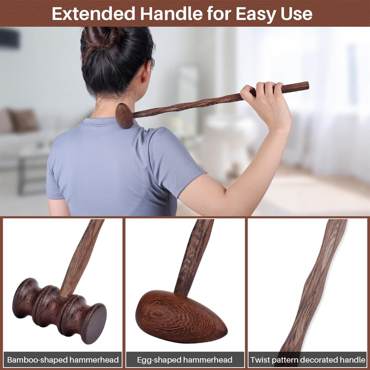 TERRIFI Wood Hammer Self Massage Tools for Back and Neck, Handheld Therapy Stick for Self-Massage, Ideal Gift for Seniors, 2 PCS