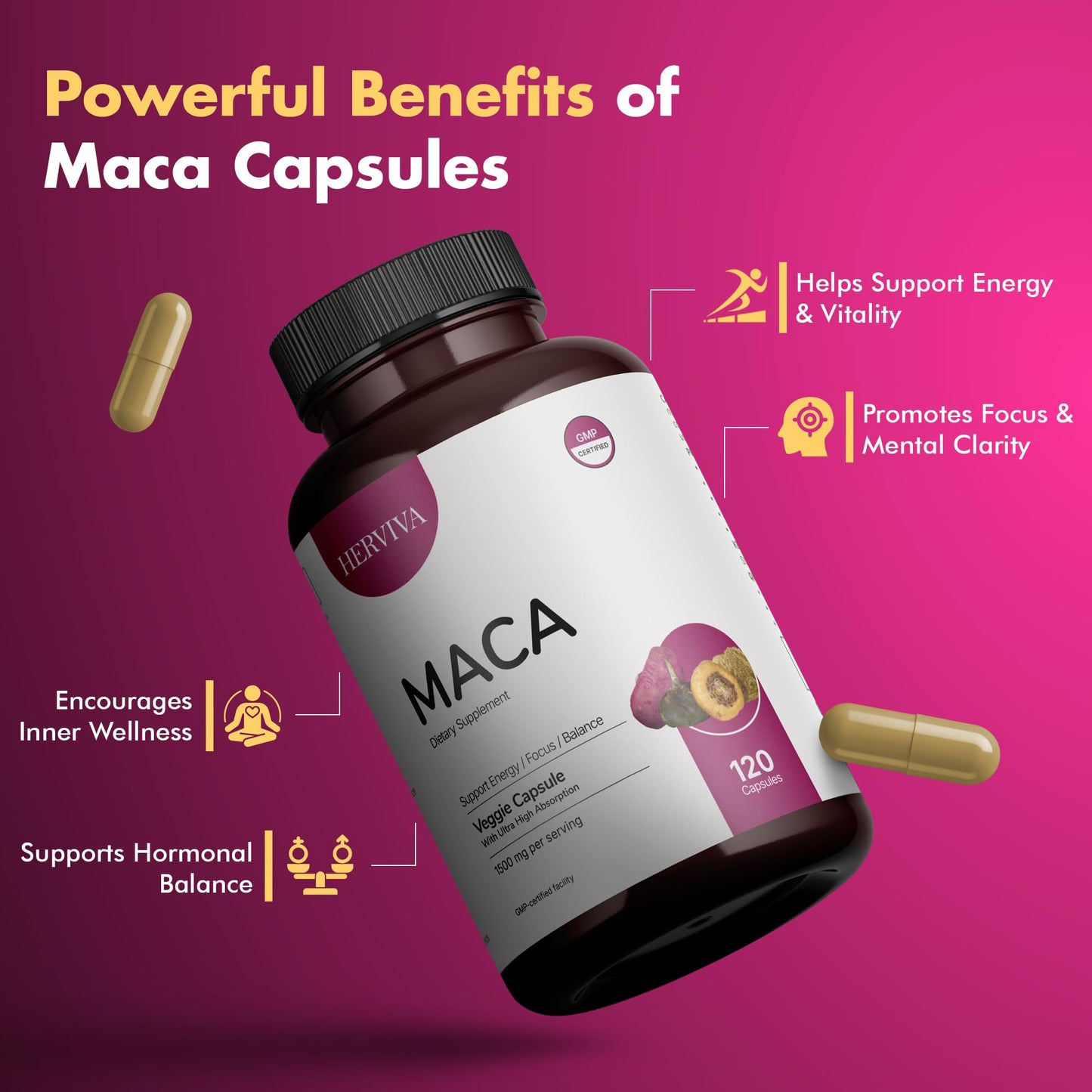HERVIVA Maca Root Capsules for Women & Men – Maca Root Powder 1500mg per Serving – Vegan Veggie Capsules - Medaid International