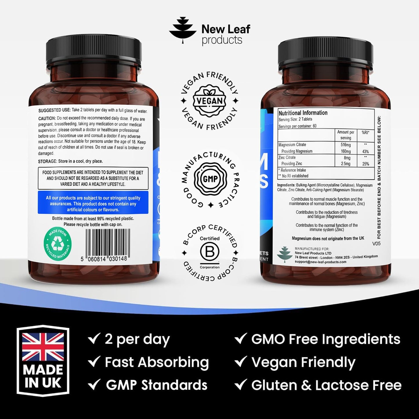 Magnesium Supplement 500mg Magnesium and Zinc Supplement - High Absorbency Magnesium Oxide & Zinc - Muscle Bones & Healthy Immune Function - Vegan, Non-GMO, Gluten-Free - 120 Easy to Swallow Tablets - Medaid International