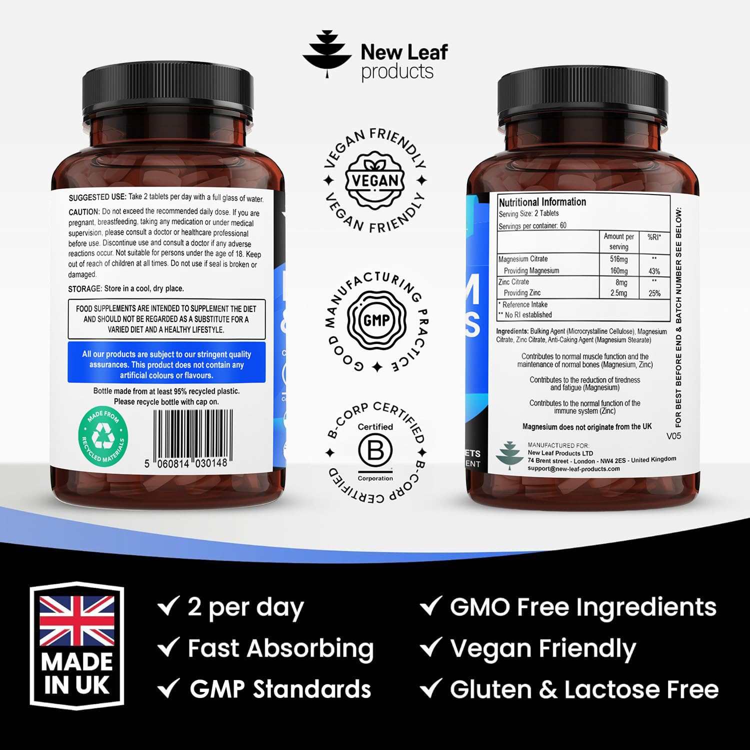 Magnesium Supplement 500mg Magnesium and Zinc Supplement - High Absorbency Magnesium Oxide & Zinc - Muscle Bones & Healthy Immune Function - Vegan, Non-GMO, Gluten-Free - 120 Easy to Swallow Tablets - Medaid International