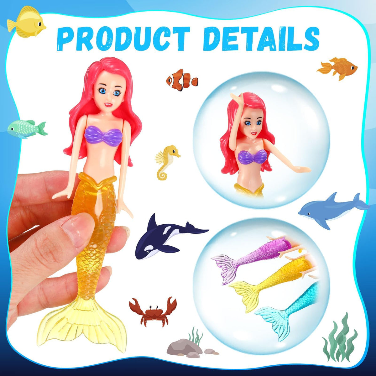 Mermaid Dive Bath Toys 4 Pieces, Colorful Pool & Swimming Toys for Boys, Girls, Teens, Adults, Classic Style Water Play Toys for Bathtub, Beach, and Pool Games