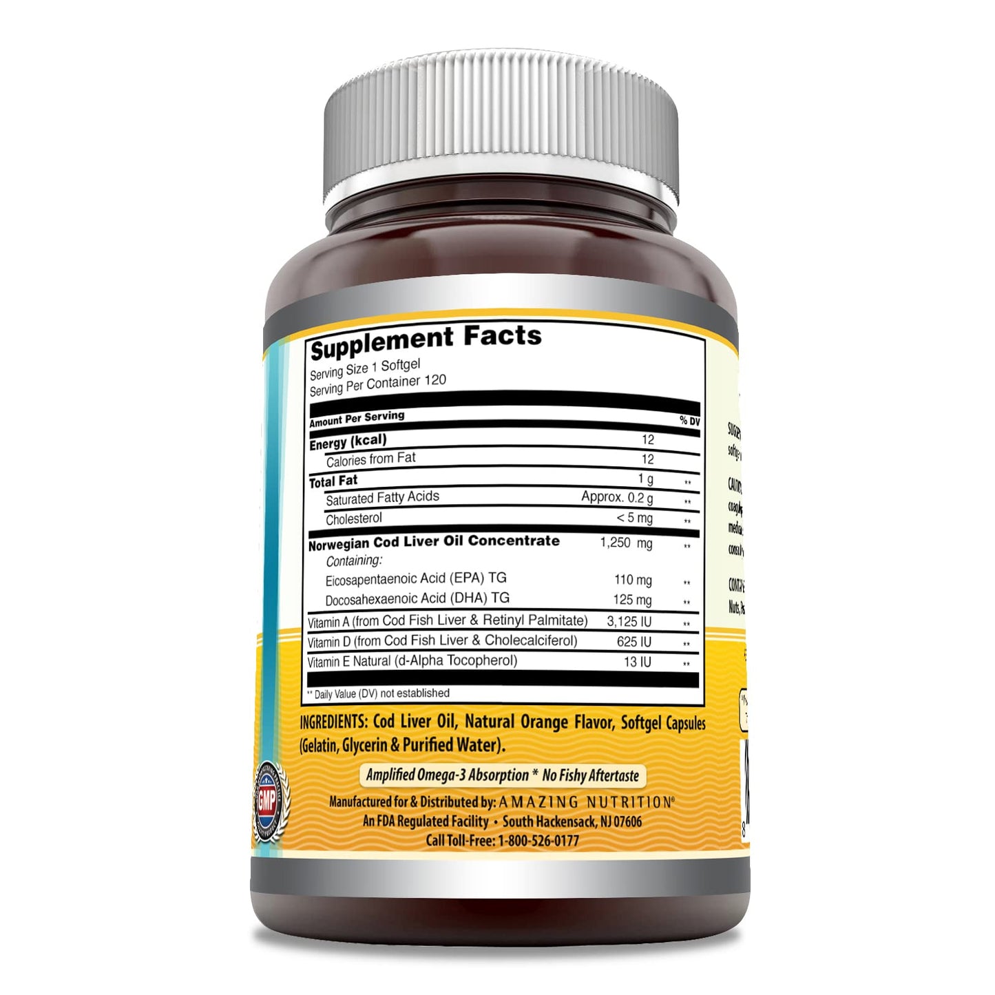 Amazing Omega Norwegian Cod Liver Oil 1250 mg 120 Softgels Supplement (Fresh Orange Flavor) - Medaid International