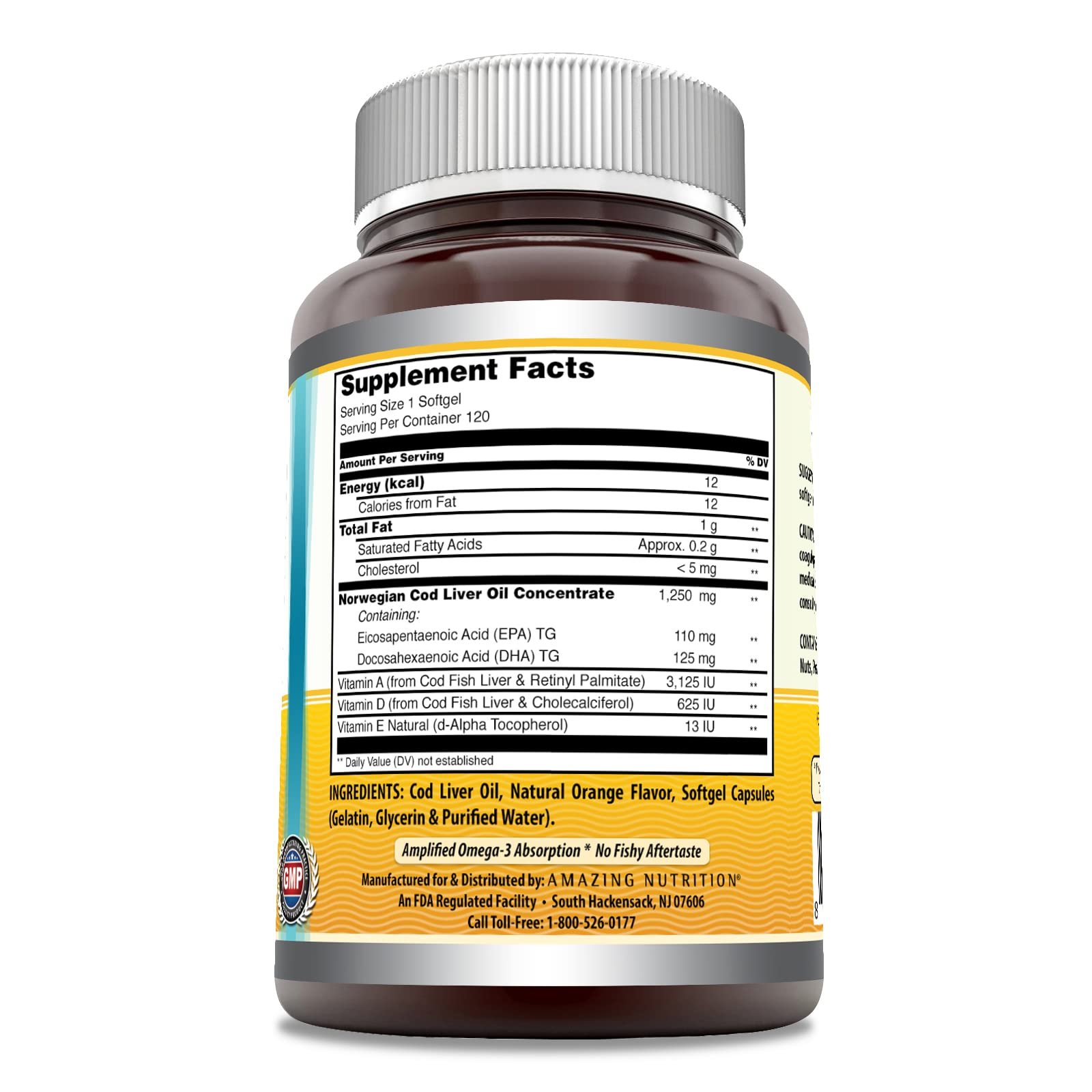 Amazing Omega Norwegian Cod Liver Oil 1250 mg 120 Softgels Supplement (Fresh Orange Flavor) - Medaid International