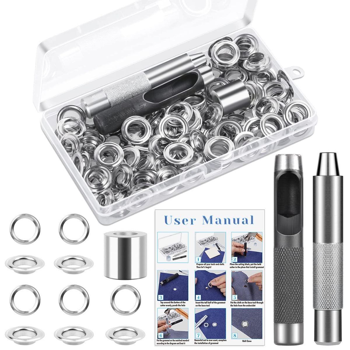 KASTWAVE 120 Sets Grommet Tool Kit 1/2 Inch, Grommet Eyelets Kit with Setting Tools and Storage Box, Suitable for Leather, Belt, Shoes, Crafts, Fabric, Tarps, Curtains