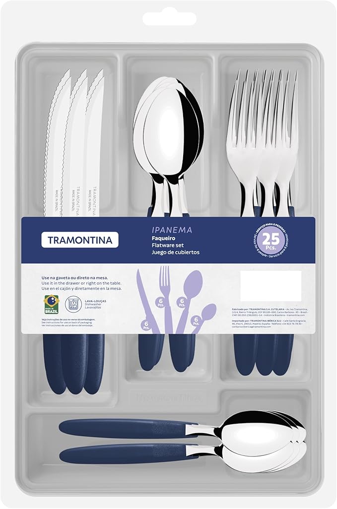 Tramontina Ipanema 25-Piece Flatware Set and Plastic Drawer Organizer(Blue)