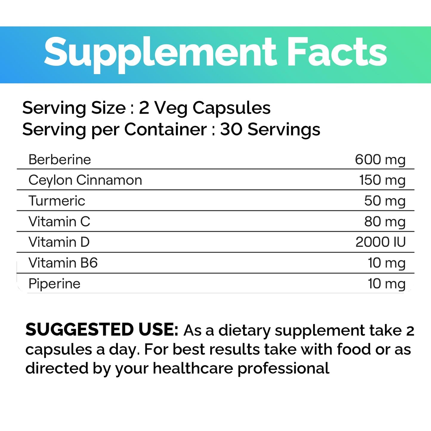 EchoHeals CEUTICALS Berberine Supplement - Natural Plant-Based with Ceylon Cinnamon, Turmeric, Piperine, Vitamins B6, C, D - Vegan-Friendly - 60 Vegetable Caps, 900mg. - Medaid International