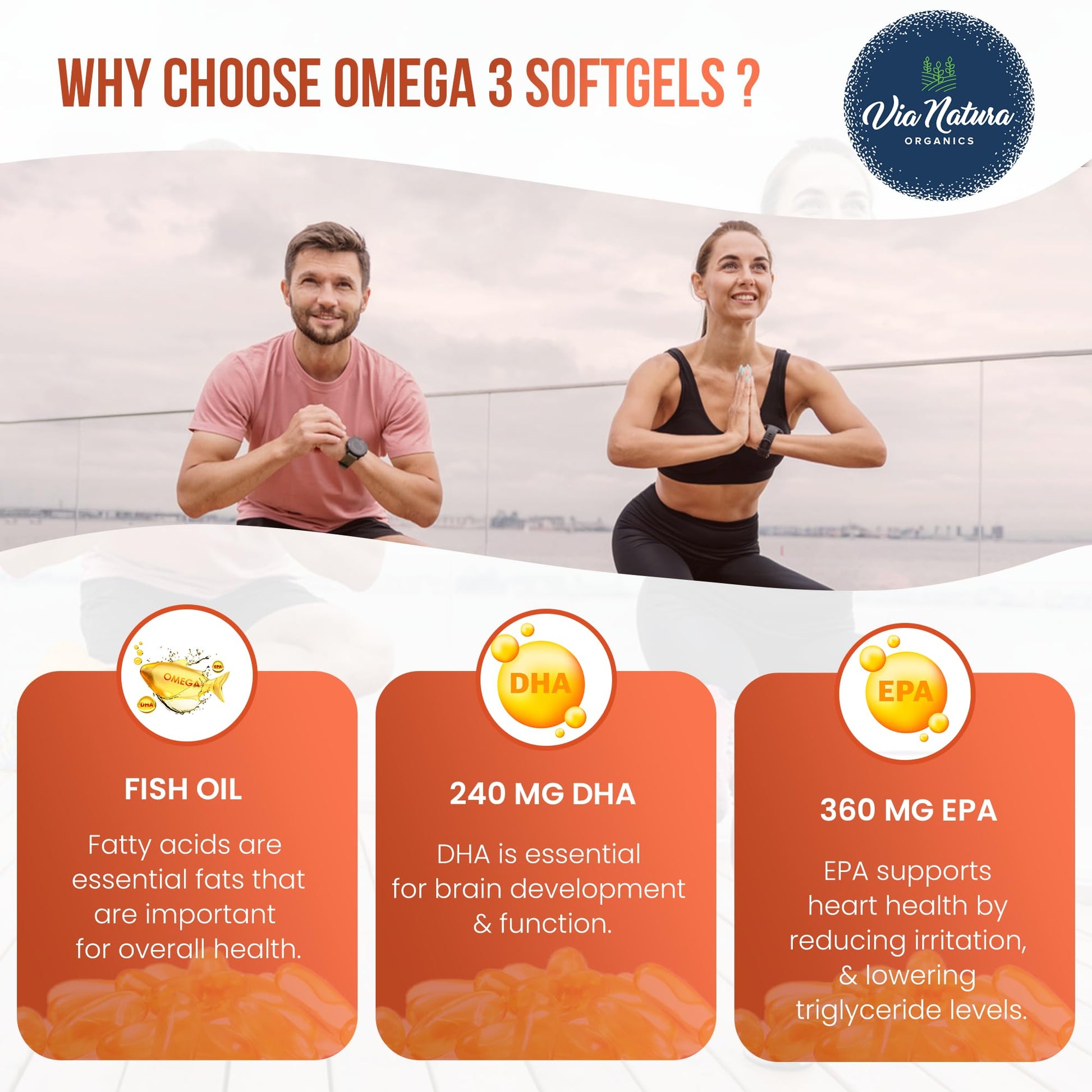Via Natura Organics Omega 3 | 1000mg | Fish Oil | Fatty acids | EPA & DHA | Non-GMO | 60 Softgels - Medaid International