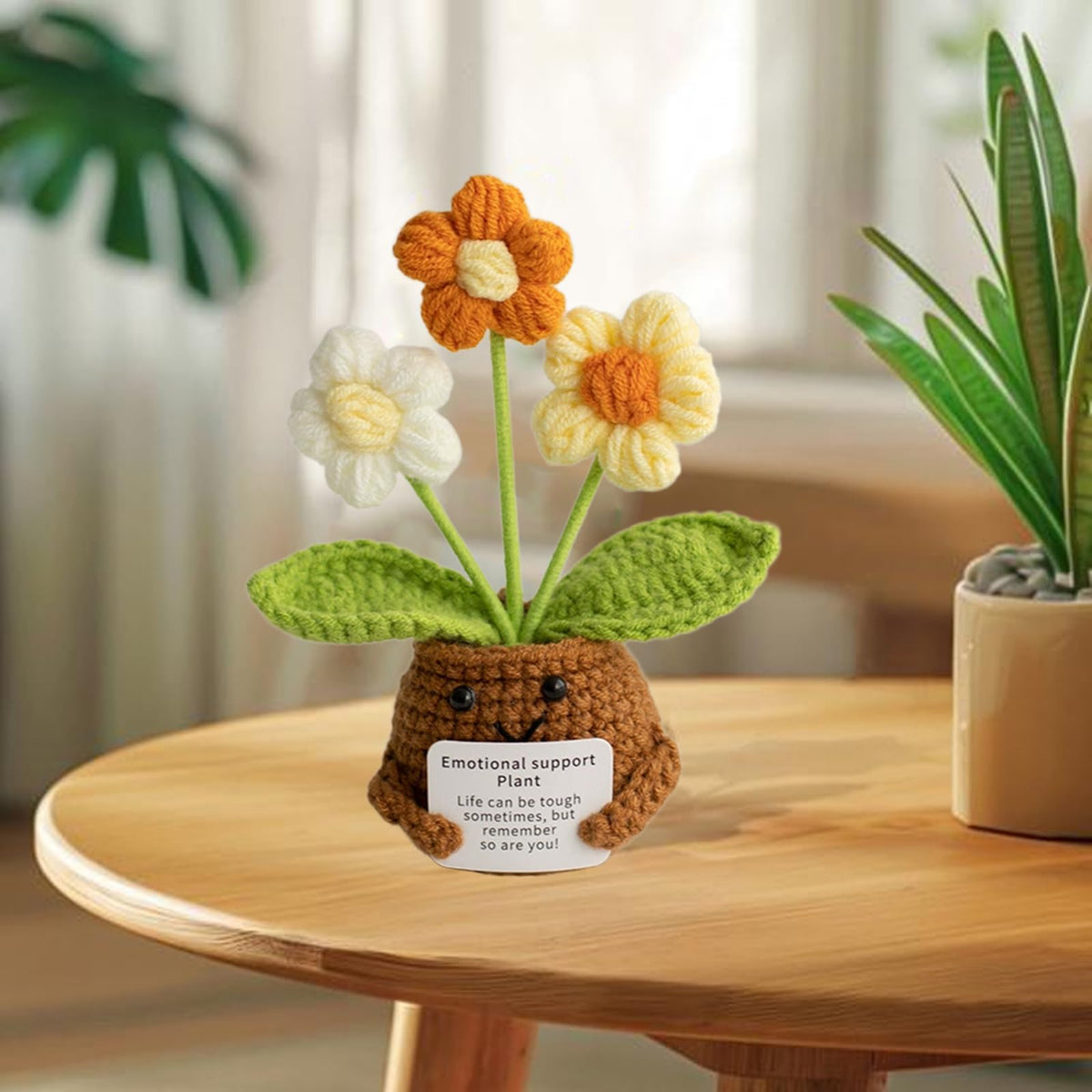 KASTWAVE Knitted Ornaments, Crochet Positive Flowers, Handmade Knitted, with Encouragement Card, Thoughtful Gift for Adults Kids Friends Room Office Desktop Decor