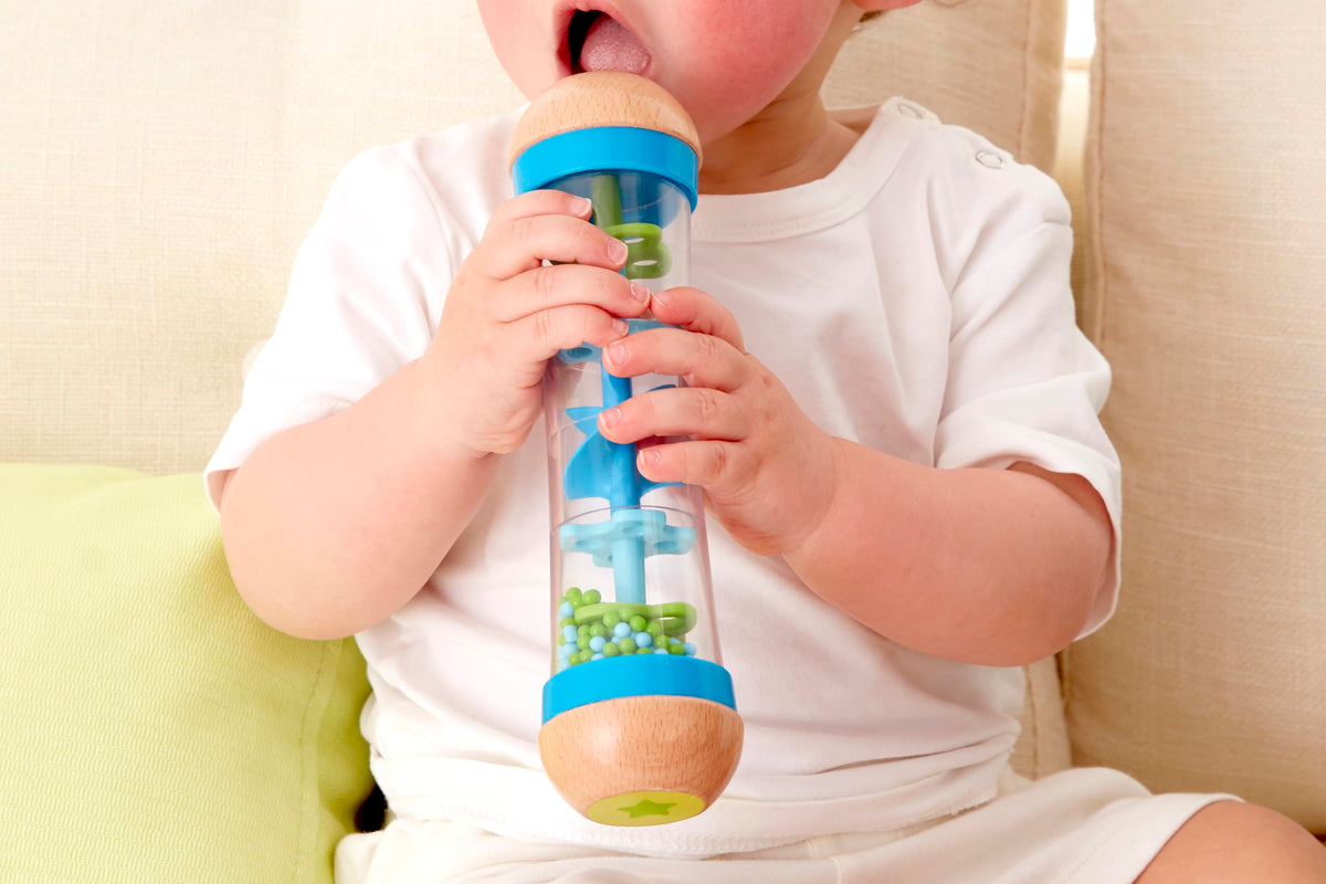 Hape Beaded Raindrops | Mini Wooden Musical Shake & Rattle Rainmaker Toy, Blue,E0328B