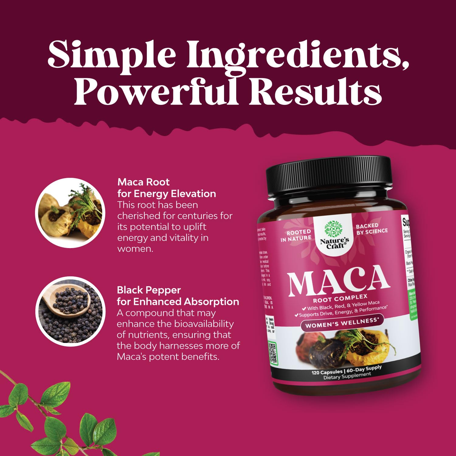 Organic Maca Root Capsules for Women - Potent Herbal Supplement with Female Enhancing Blend of Red Yellow & Black Maca Root - Non-GMO Certified Vegan and Gluten-Free with No Artificial Colors - 120ct - Medaid International