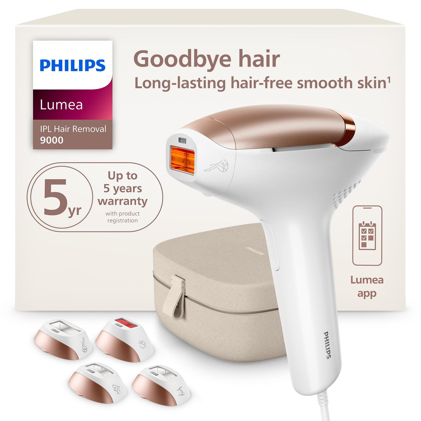 Philips Lumea 9000 Series IPL Hair Removal Device - Permanent Visible Hair Reduction Done at Home, SenseIQ Technology, 4 Attachments for Body, Face, Bikini & Underarms, for Women & Men, BRI984/03 - Medaid International