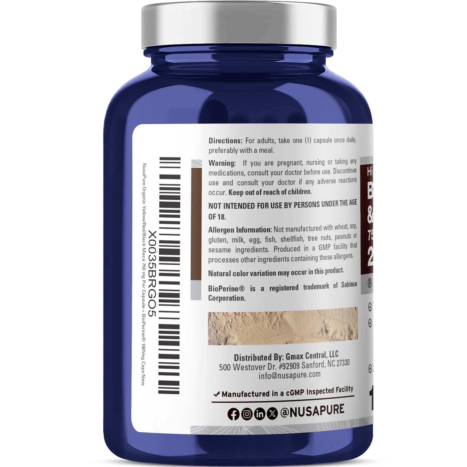 NusaPure Maca Root Black, Red, Yellow 20,000mg - 180 Vegan Capsules (Vegan,Non-GMO, Gluten Free) Bioperine - Medaid International