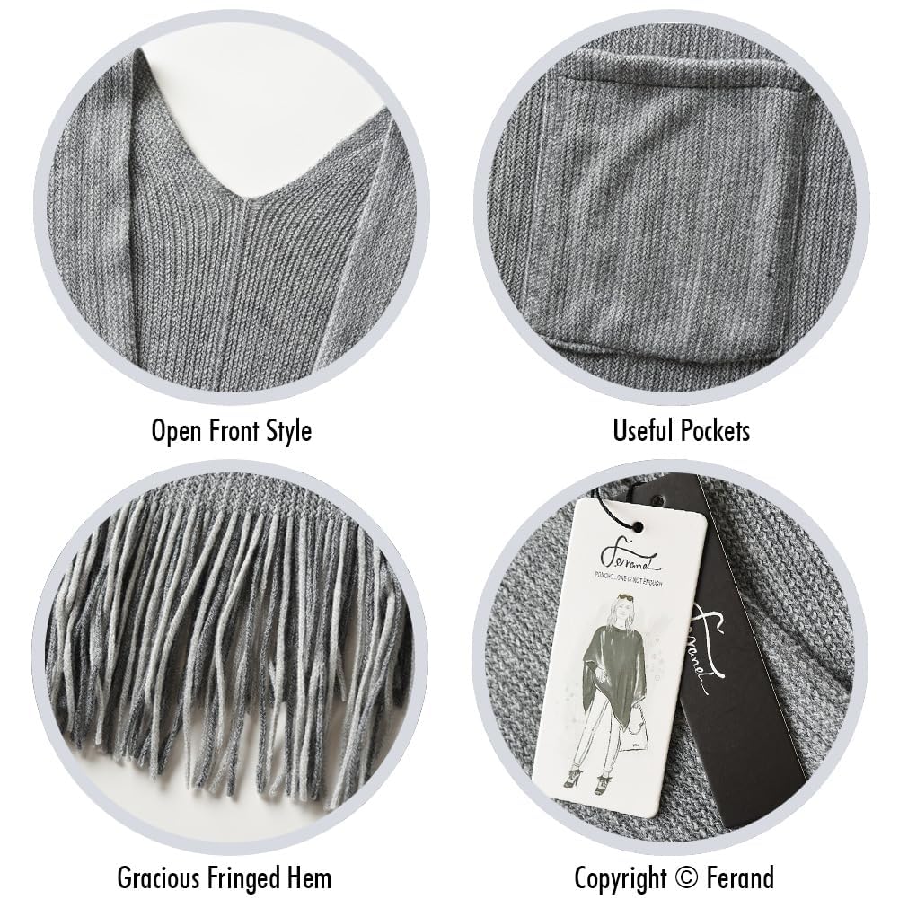 KASTWAVE Women's Open Front Poncho Cape with Pockets Soft Knit Fringe Shawl Wrap, Grey