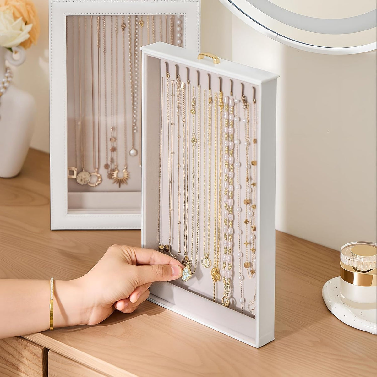TERRIFI Necklace Organizer Box, Tangle Free Jewelry Storage Case with Clear Window and 20 Hooks, 2 Layer Necklace Bracelet Earring Display Holder for Women Girls Bedroom Dresser, White
