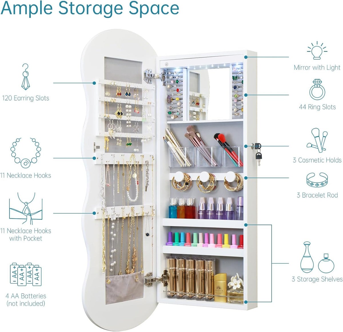 LED Jewelry Armoire Cabinet – Wall or Door Mounted