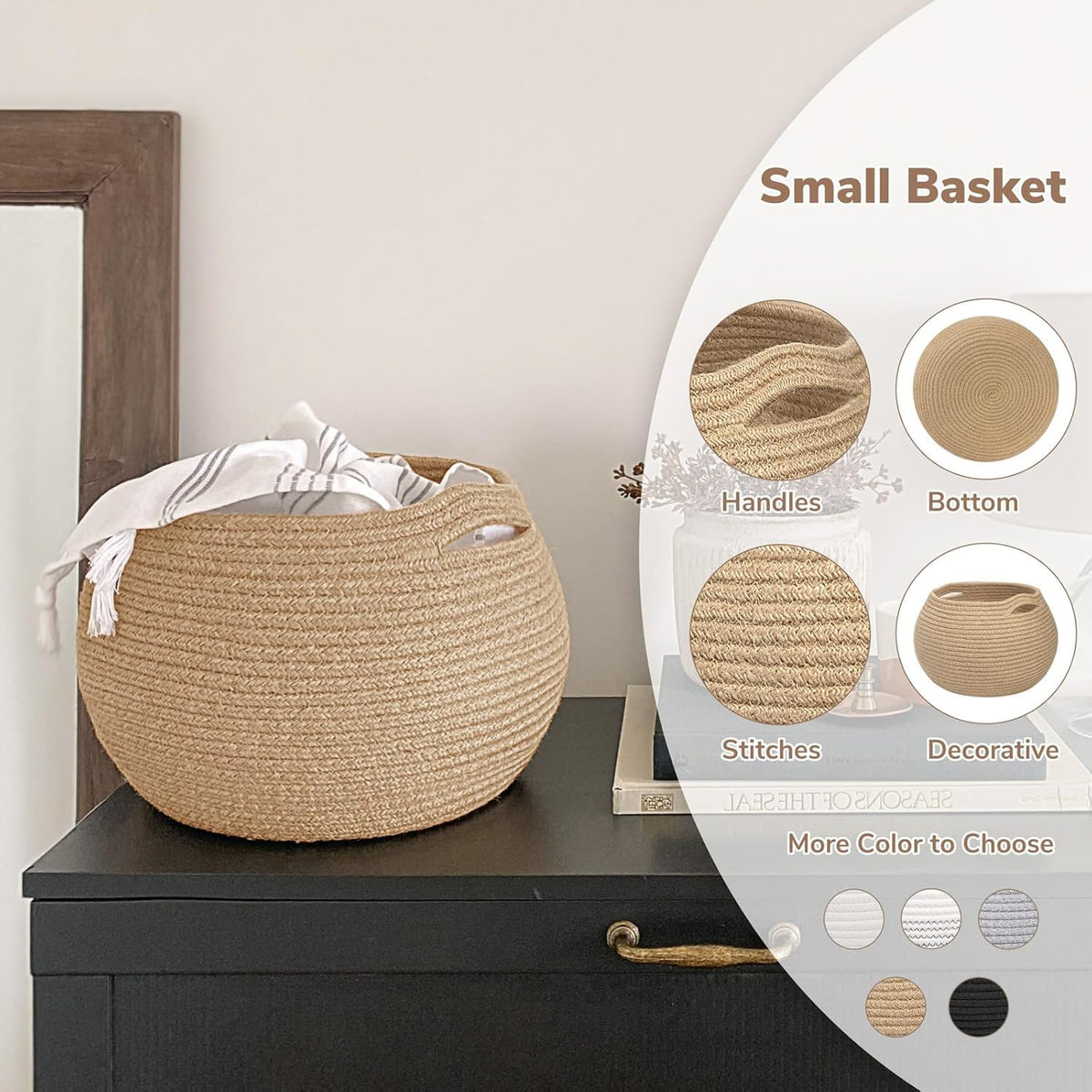 TERRIFI Round Storage Basket with Handles, Woven Jute Rope Organizer, Foldable Cotton Rope Basket for Nursery Toys, Towels, Indoor Plant Pots and Home Decor, 26 * 21cm