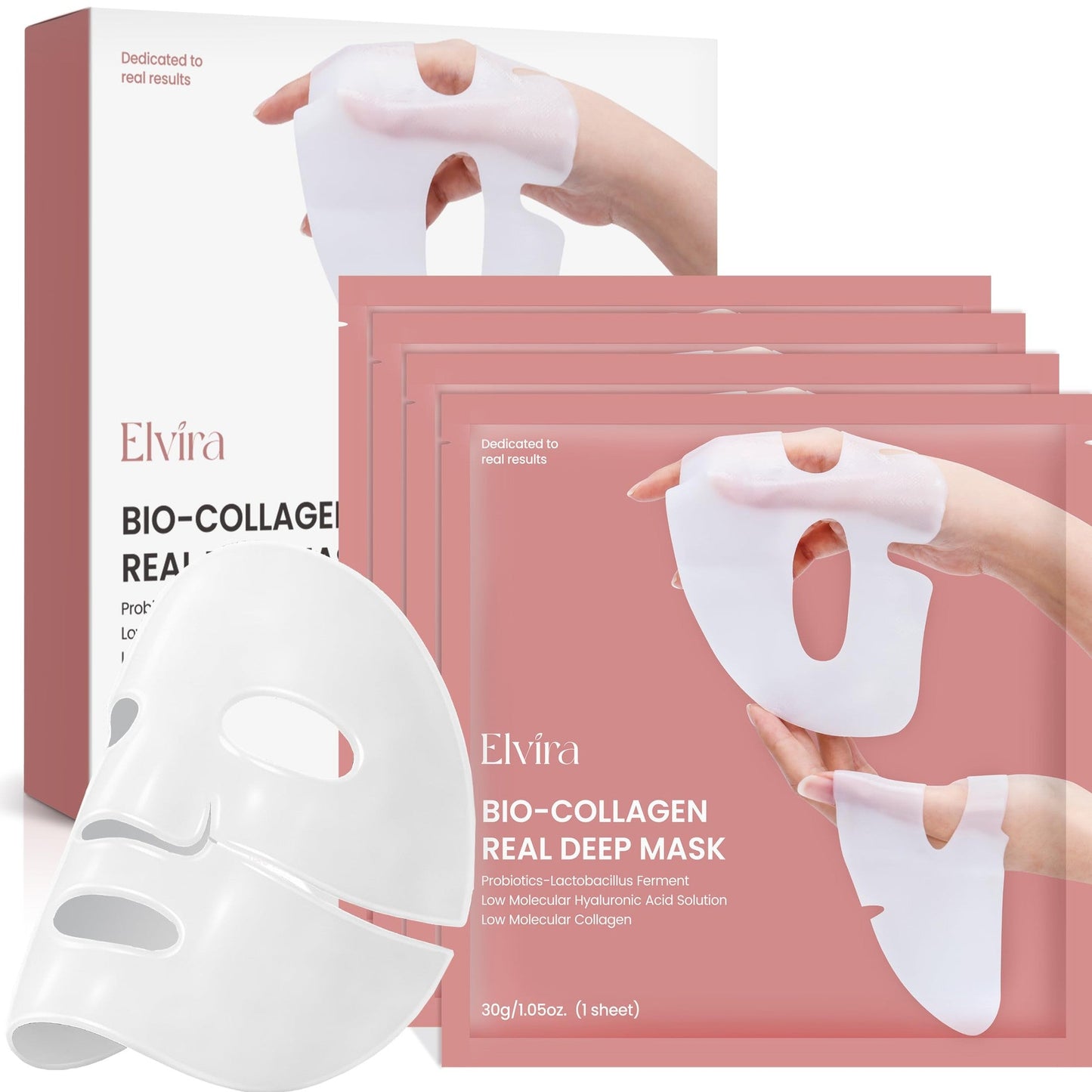 Elvira Bio-Collagen Face Mask - Deep Hydrating Overnight Face Mask, Korean Skincare, Facial Treatments & Masks for Women - Firming and Moisturizing, 4-Pack - Medaid International