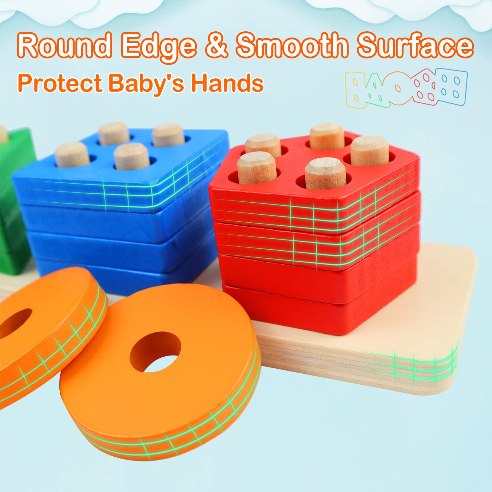 PEBIRA Montessori Toys for 1 to 3-Year-Old Boys Girls Toddlers, Wooden Sorting & Stacking Toys for Toddlers and Kids Preschool, Educational Color Recognition Shape Sorter, Learning Puzzles Gift - Medaid International
