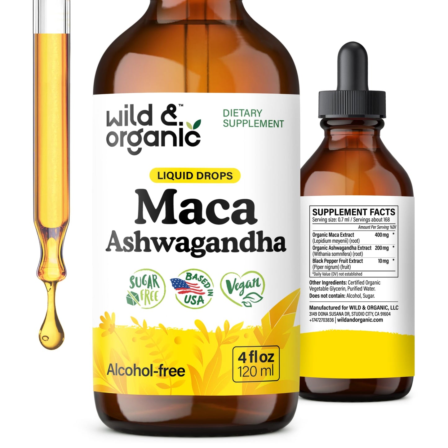 Wild & Organic Maca Root Ashwagandha Drops for Men and Women - Liquid Maca Ashwagandha Supplement for Overall Support - Peruvian Extract Tincture - Vegan, Sugar & Alcohol-Free - 4 fl oz - Medaid International