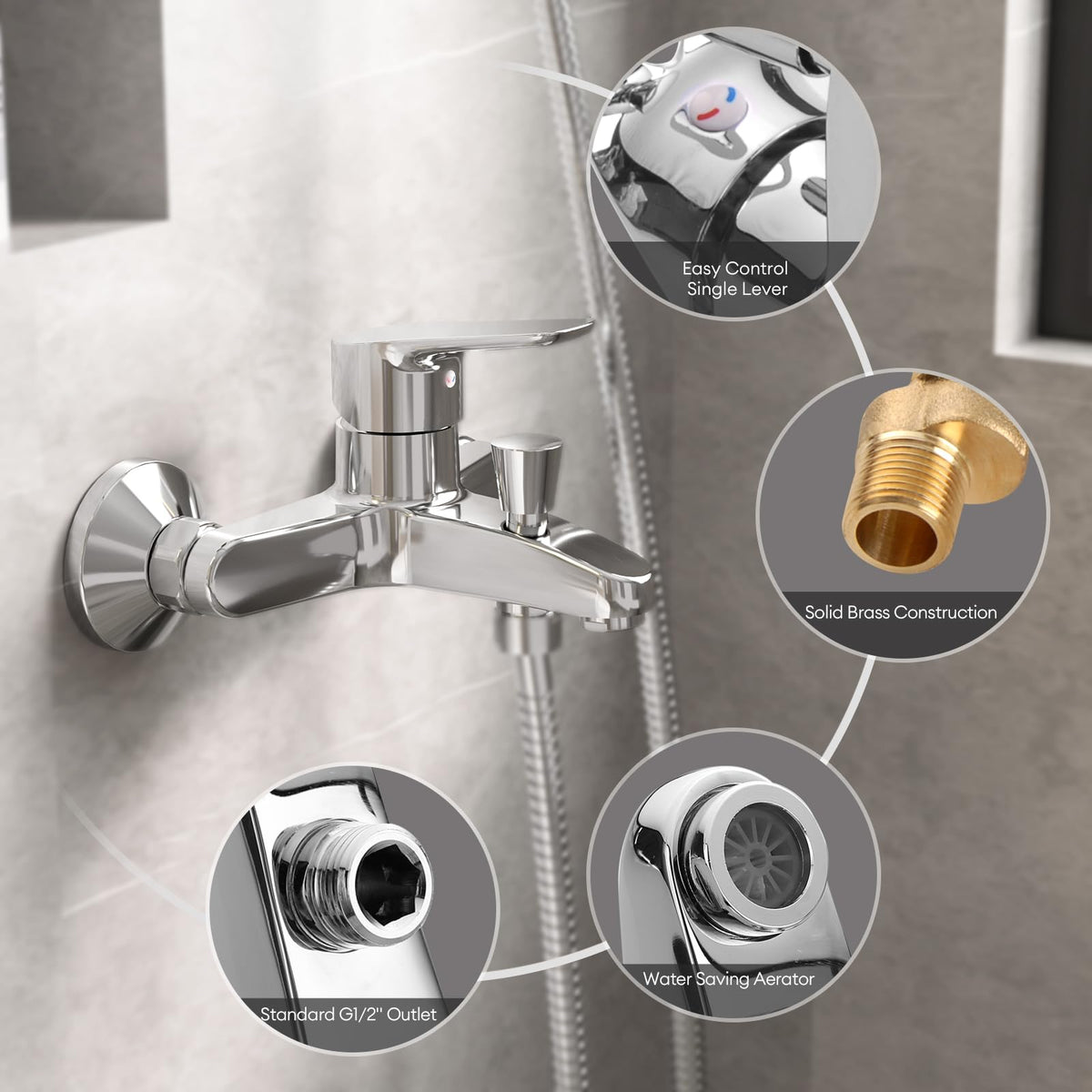 JOMOO Bath Shower Mixer and Shower Head Set, Single Lever Bathroom Sink Taps with Shower Head Kit, Wall Mounted Shower Faucet Shower Mixer Valve Control Switch Bath Tap, Chrome