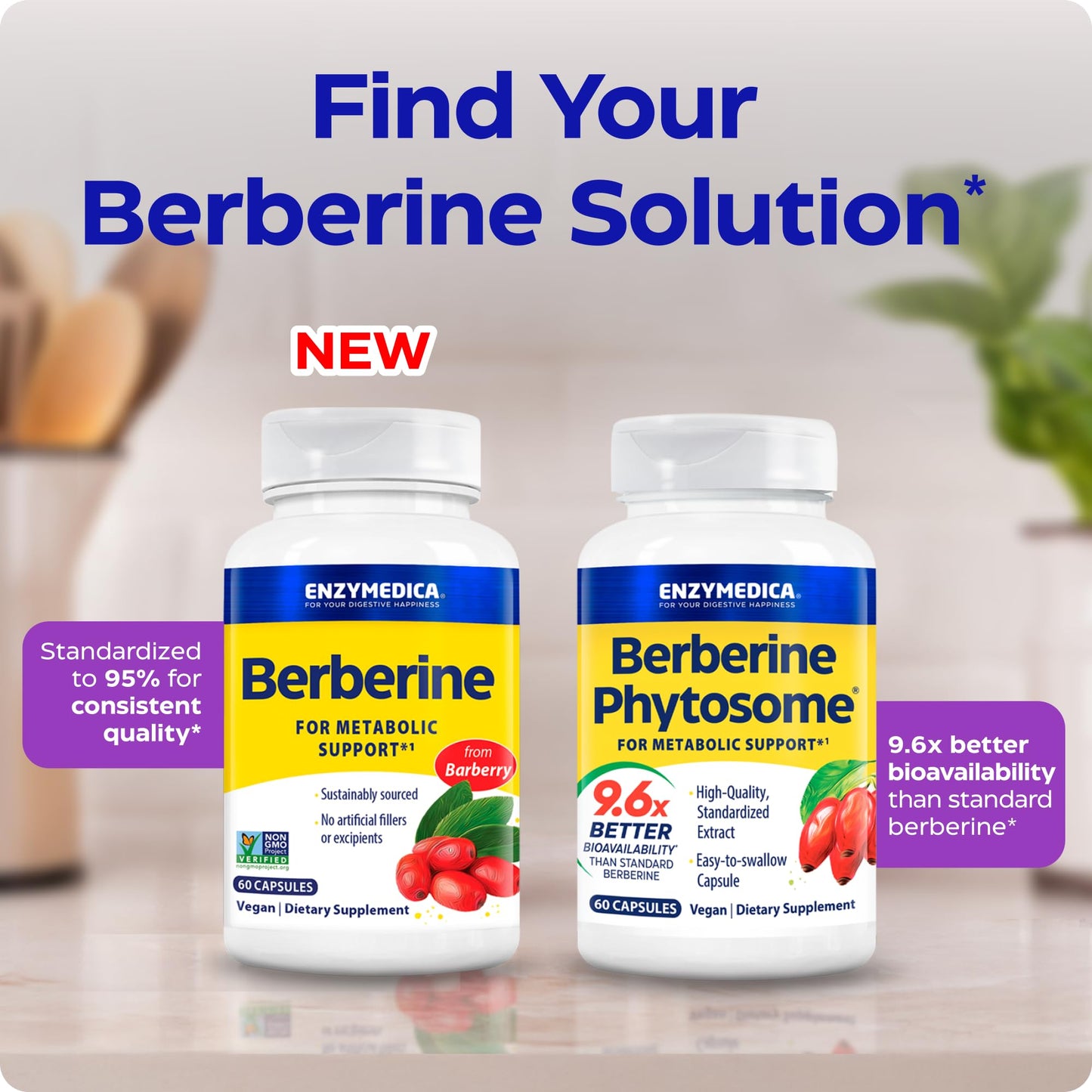 Enzymedica, Berberine Supplement, HCl, 510mg, Berberine, for Overall Health and Wellness, Vegan, No Artificial fillers, 60 Count - Medaid International