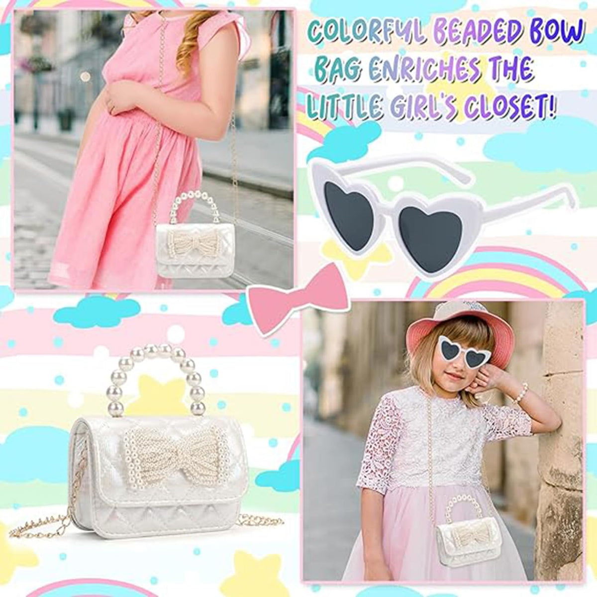 KASTWAVE Toddler Bow Purse for Girls, Crossbody Bag with Heart Sunglasses - Girls Purses Age 2-9