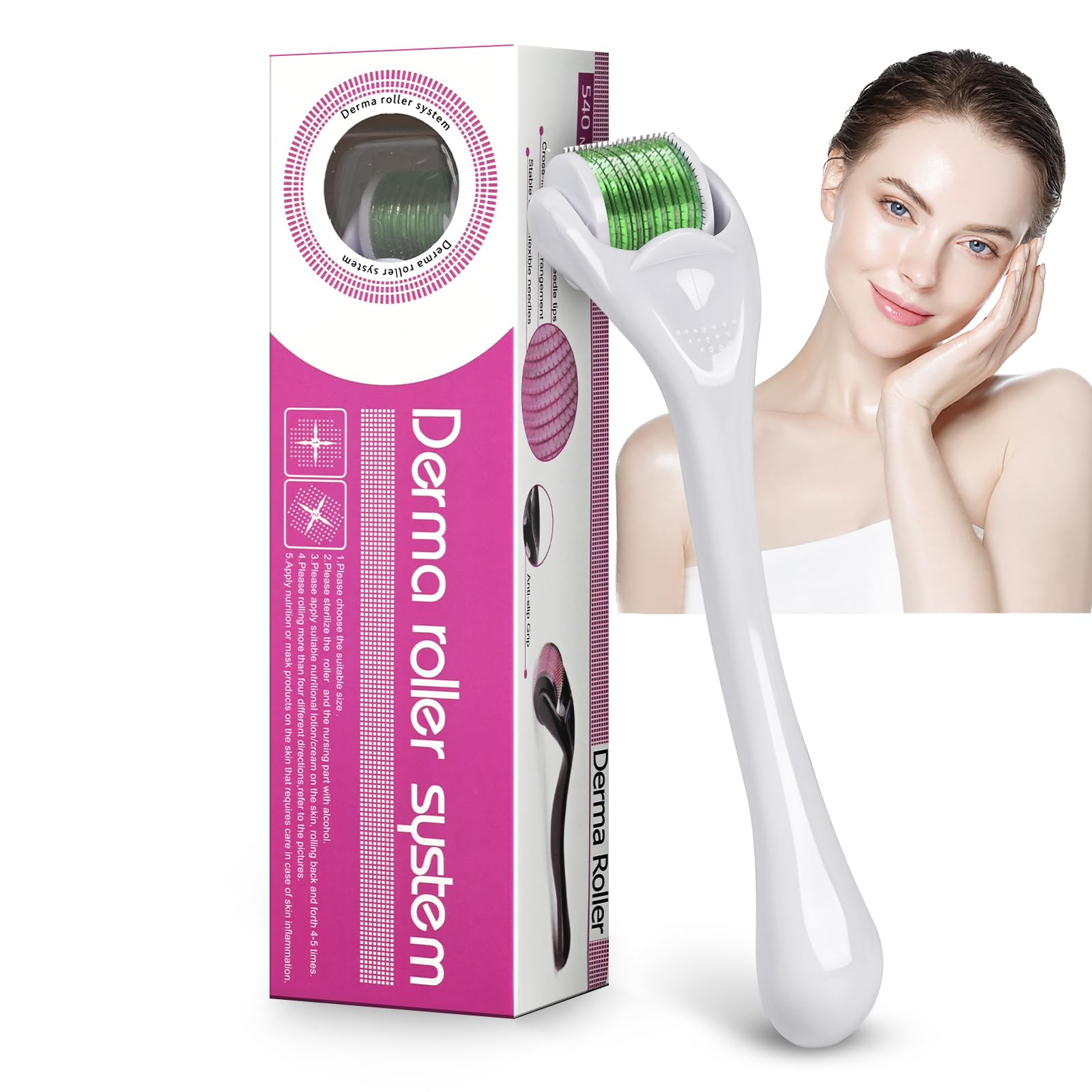 Derma Roller Beard Roller 540, Titanium Micro Needling Roller Microneedle Roller for Men Women Home Use 0.25mm (White handle+ Green Roller) - Medaid International