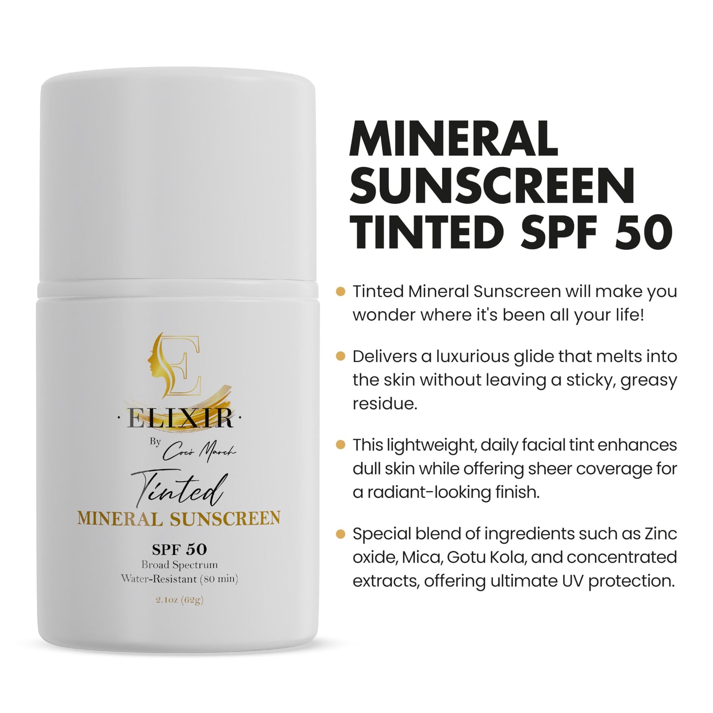 Elixir by Coco March Broad Spectrum Mineral Tinted Sunscreen SPF 50 Water-Resistant-80 min, Hydrates and Enhances Skin, Adults and Children- 2.1 oz 59 g - Medaid International