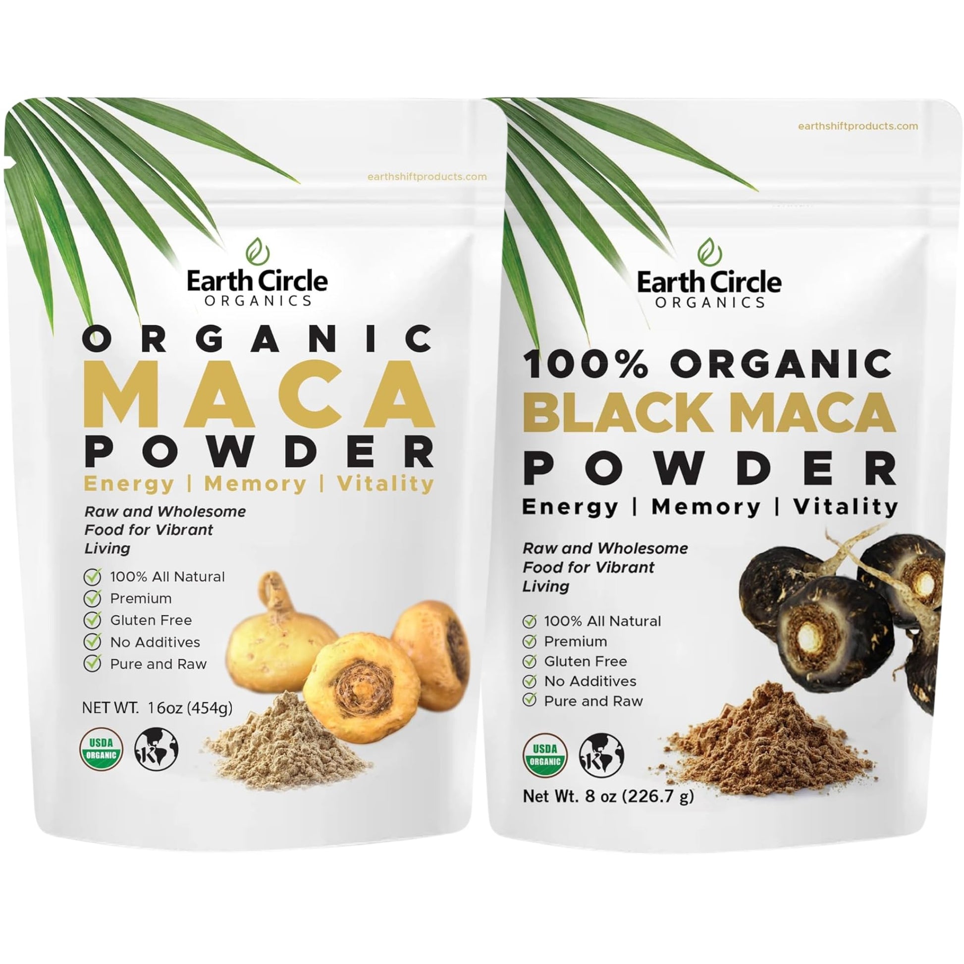 Earth Circle Organics Black Maca Peruvian Root Powder and Yellow Maca Root Powder Bundle - Energizing Superfoods for Vitality, Stamina & Nutrient Support - 1 Pound Each, Vegan and Sustainably Sourced - Medaid International