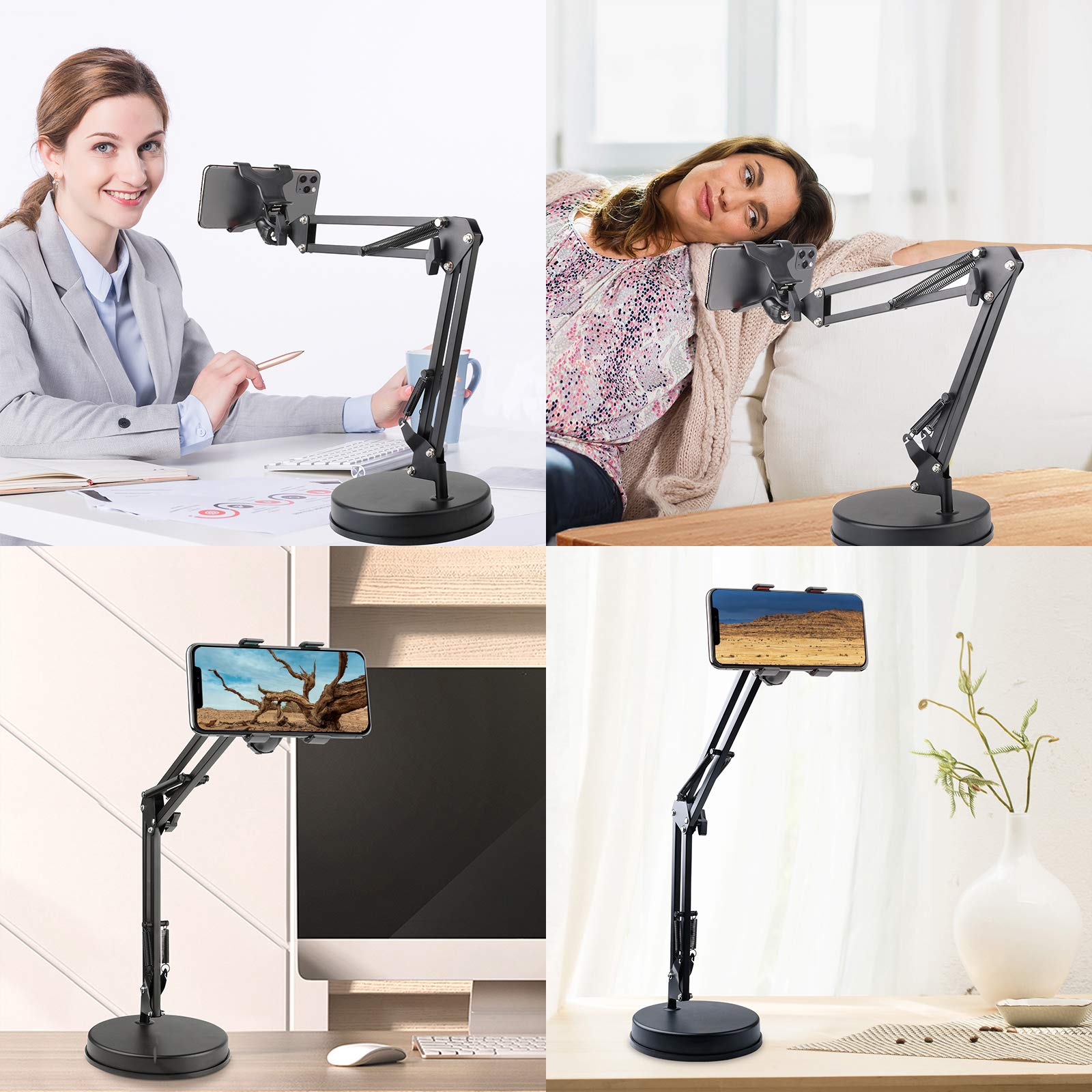 Chromlives Overhead Phone Mount - Articulating Arm Stand with Base, 360 Adjustable Phone & Tablet Holder - Medaid International