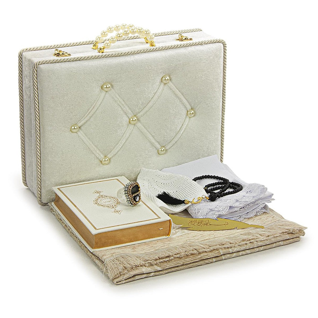 ihvan online Muslim Prayer Rug Set, Islamic Dowry Gift Box for Men & Women, Shawl, Kufi Hat, Digital Beads Counter, Quran Gift, Elegant Islamic Gifts Set for Ramadan & Eid & Wedding, White - Medaid International
