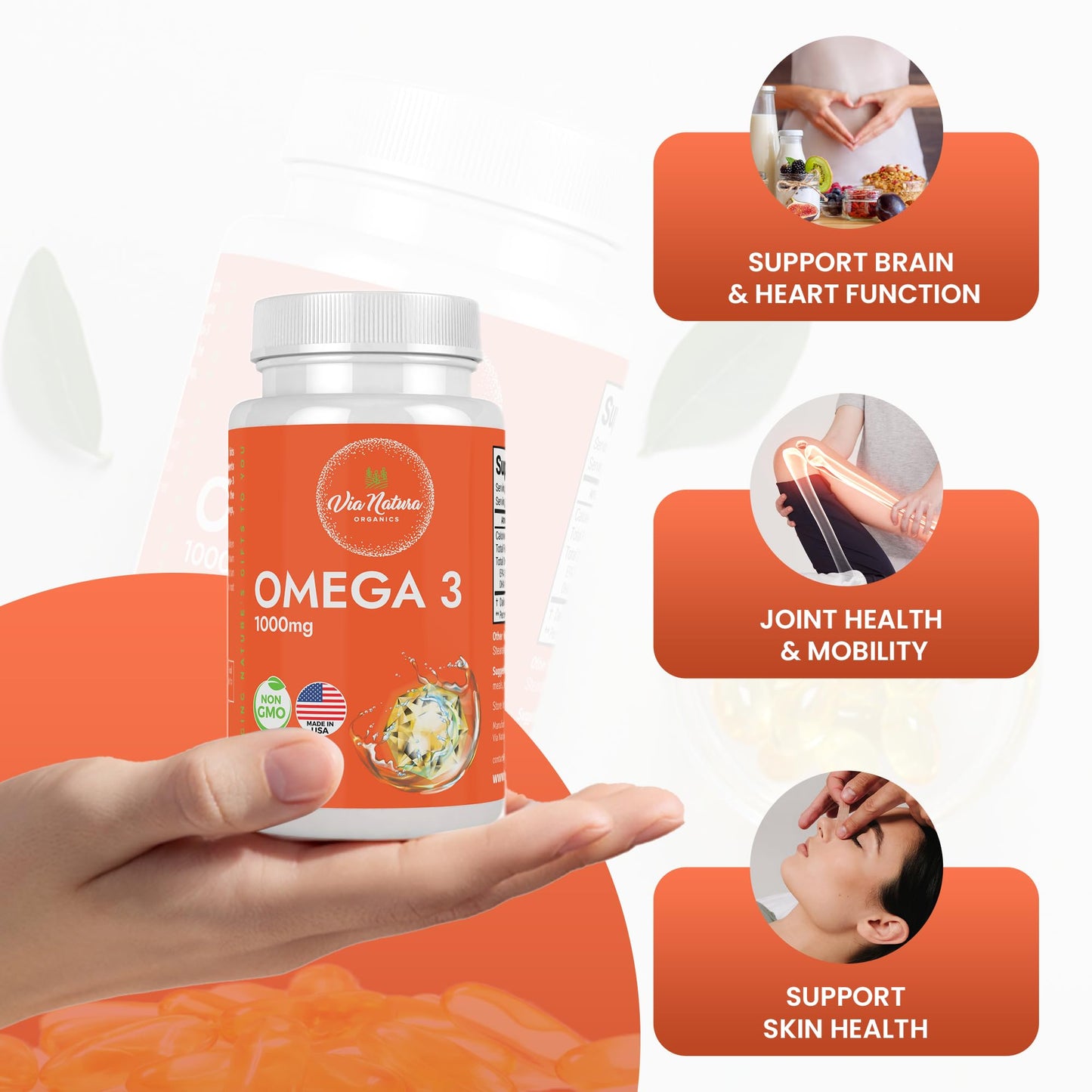 Via Natura Organics Omega 3 | 1000mg | Fish Oil | Fatty acids | EPA & DHA | Non-GMO | 60 Softgels - Medaid International