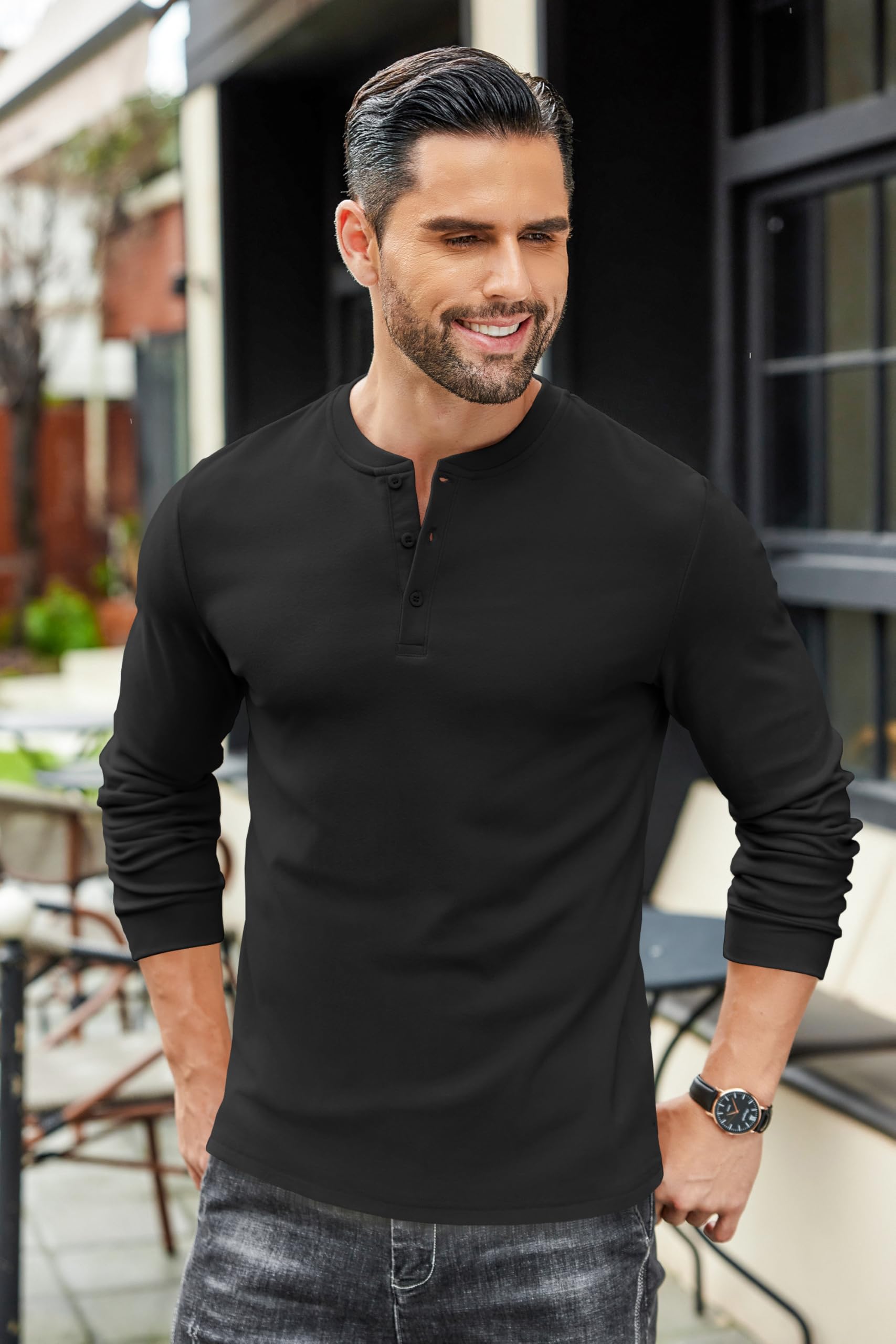 COOFANDY Mens Long Sleeve Henley T-Shirts Basic Thermal Pullover Stretch Tee Shirts Fashion Casual Tops Black - Medaid International