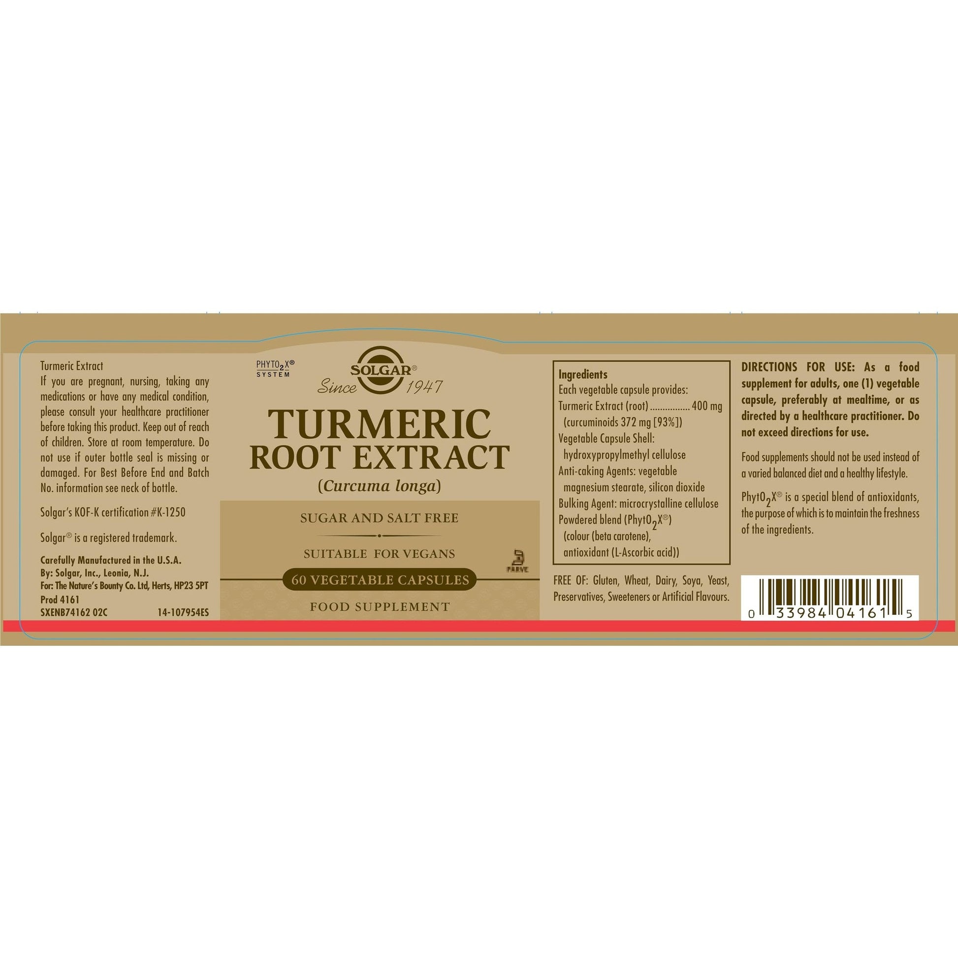 Solgar Standardized Turmeric Root Extract 400 mg, 60 Vegetable Capsules - Antioxidant Support for Brain, Joint, & Immune Health - Non-GMO, Vegan, Gluten Free, Dairy Free, Kosher - 60 Servings - Medaid International