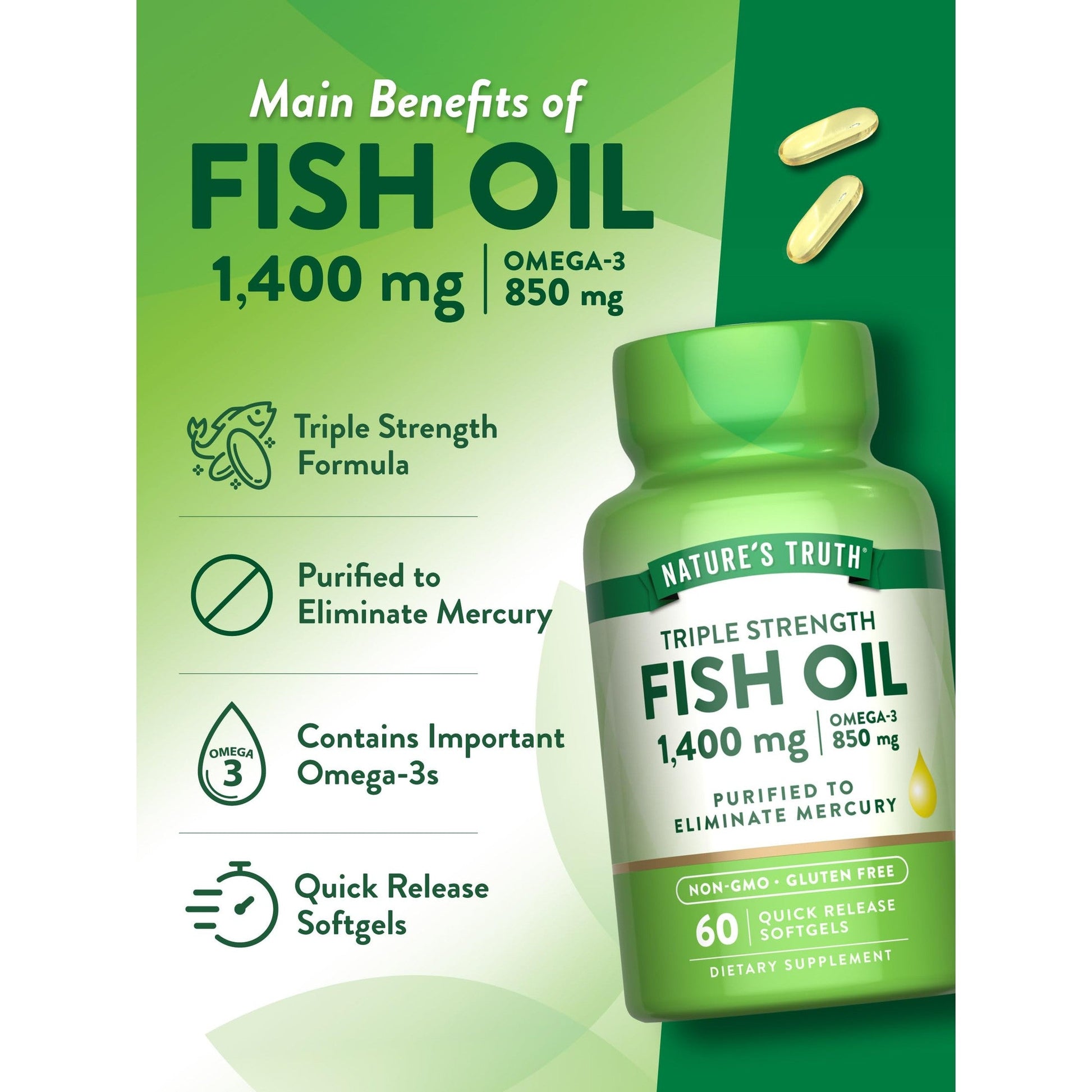 Nature's Truth Triple Strength Fish Oil Softgels | 1400 mg | 60 Count | Active Omega 3 | Non-GMO & Gluten Free Supplement - Medaid International